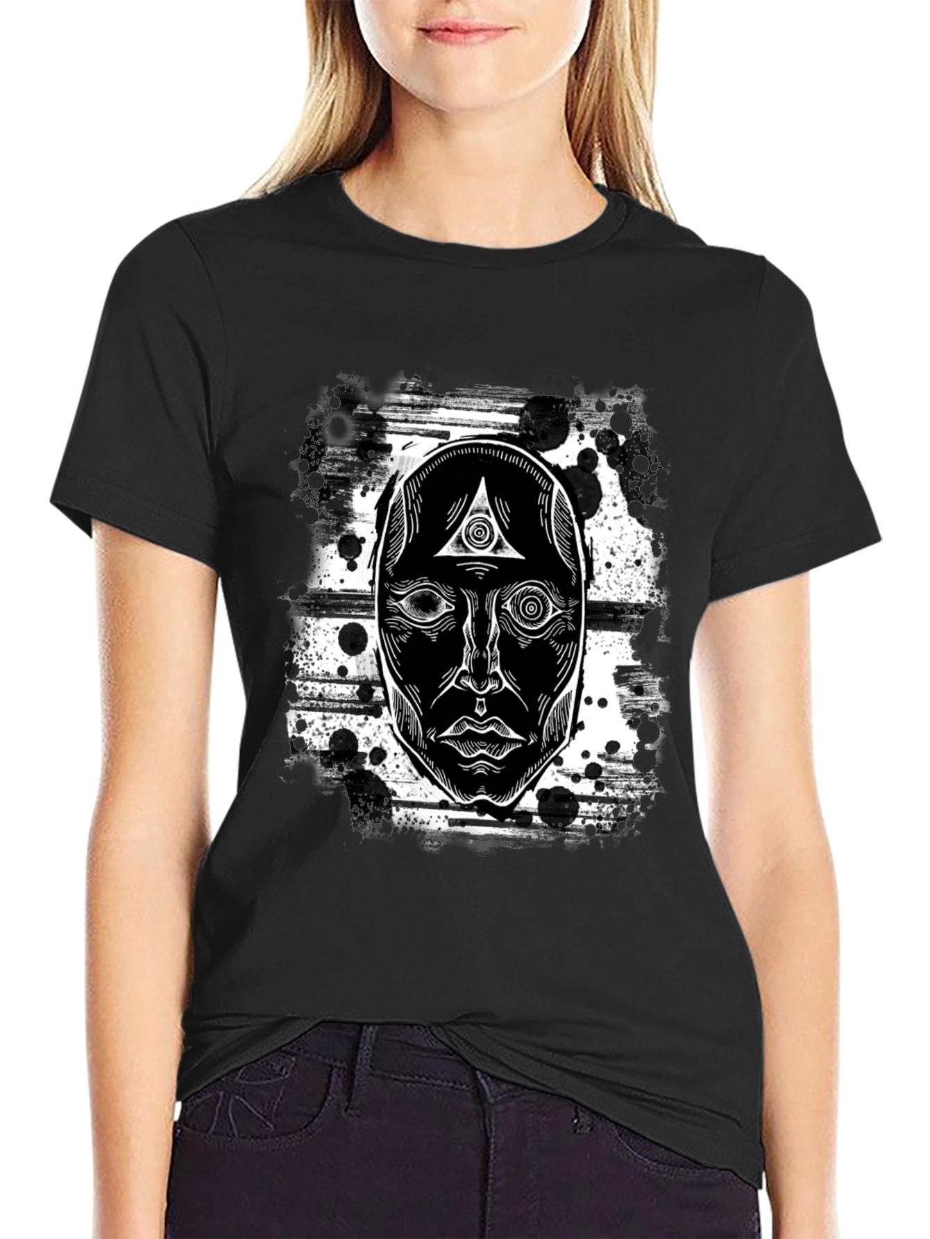 Black Mystic Face Graphic Black T-Shirt - Unique Design view 2