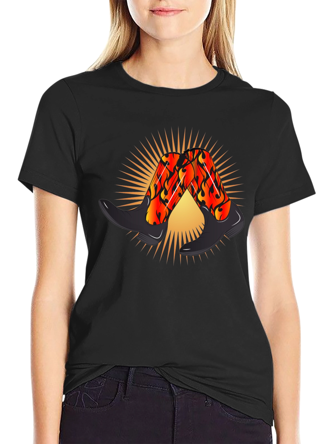 Black Fiery Cowboy Boots Graphic Black T-Shirt view 2