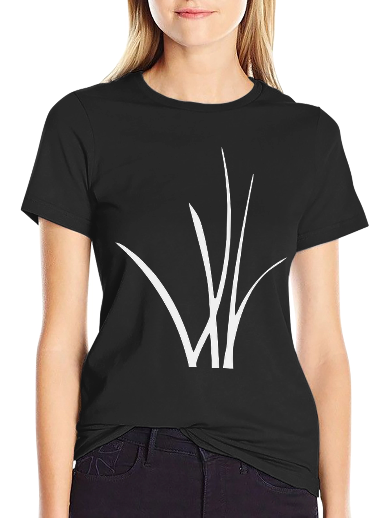 Black Black T-Shirt with Abstract White Grass Design view 2