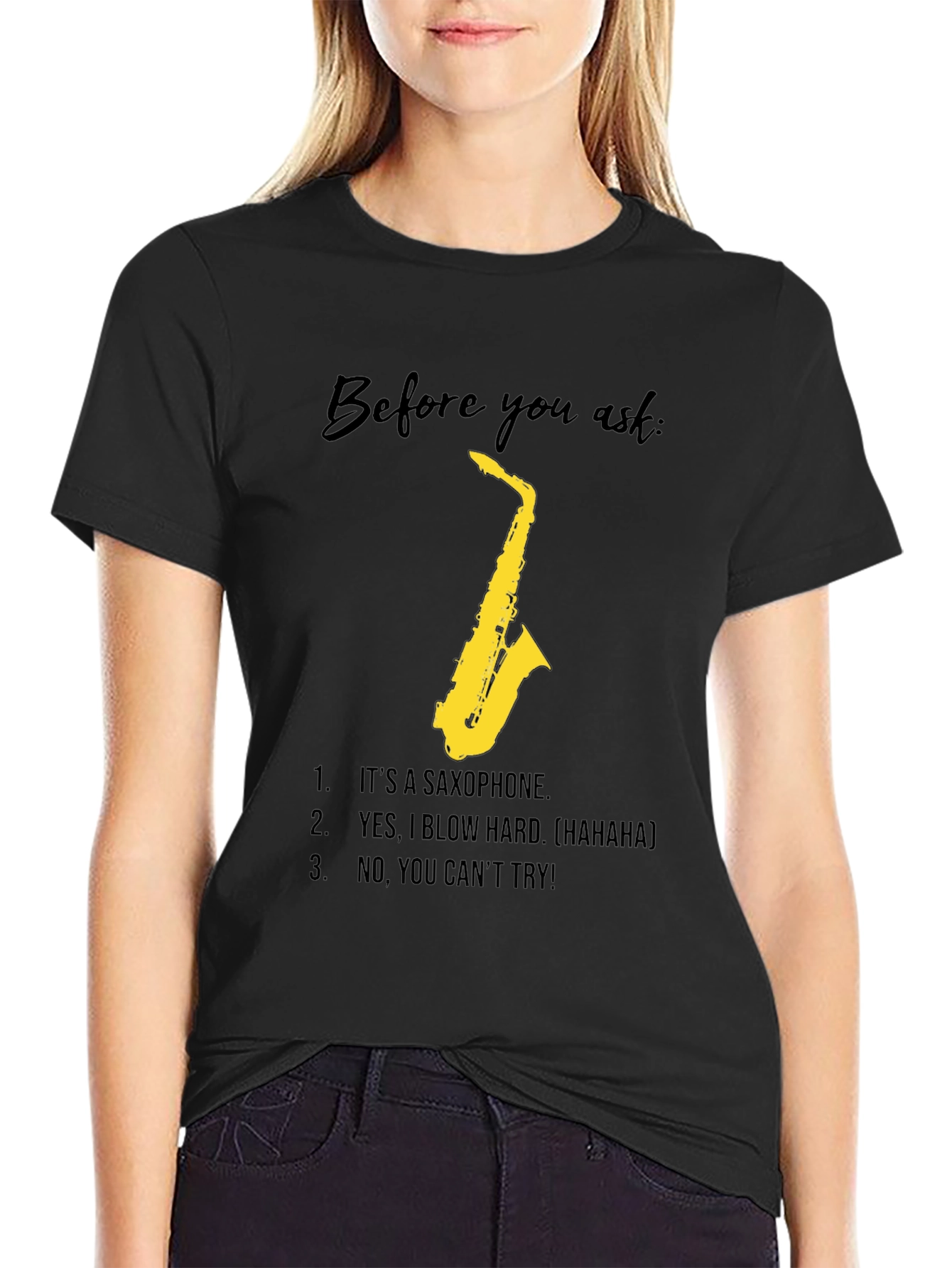 Black Saxophone Player Humor T-Shirt - Blow Hard, Can't Try! view 2