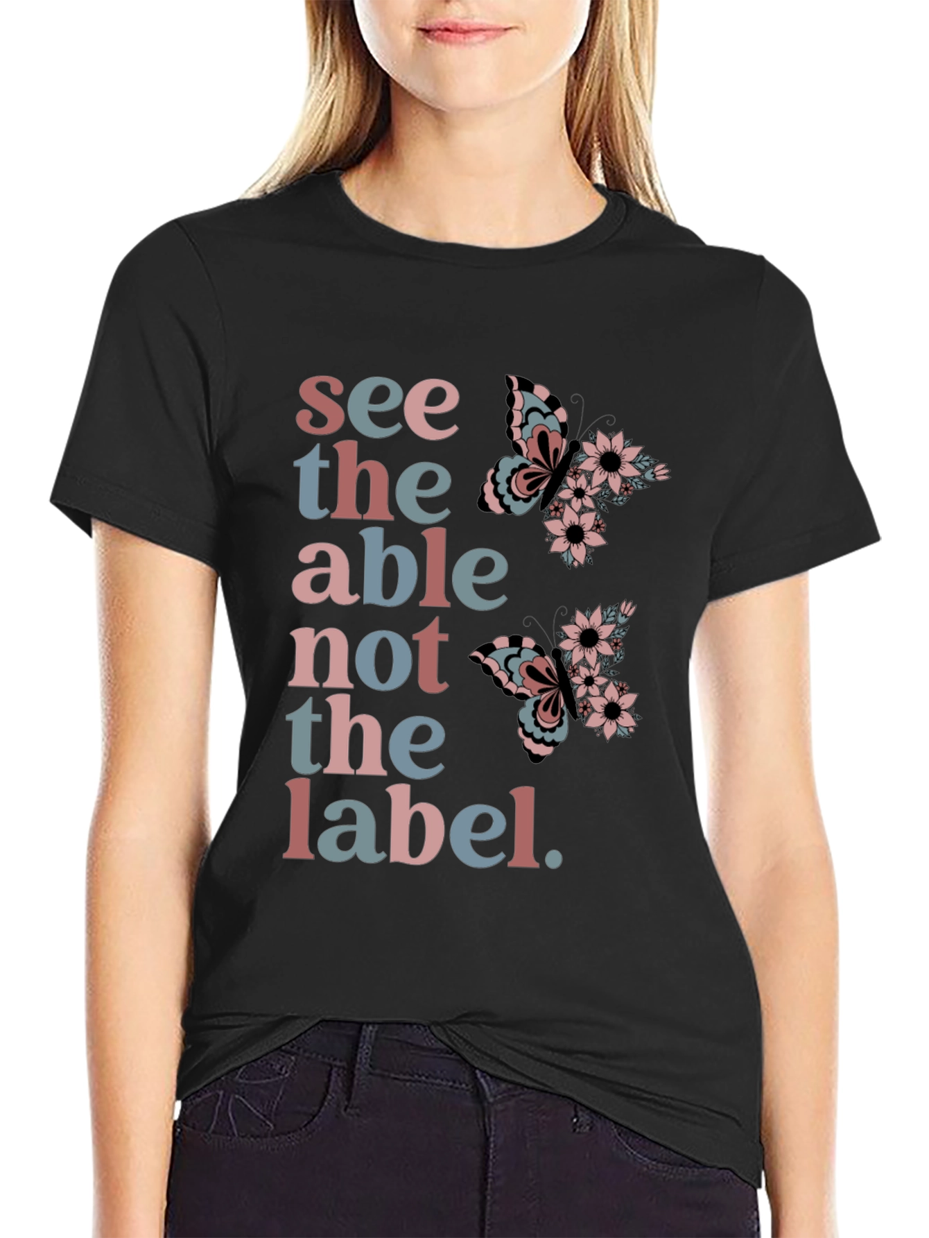 Black See the Able T-Shirt: Butterfly Floral Design view 2