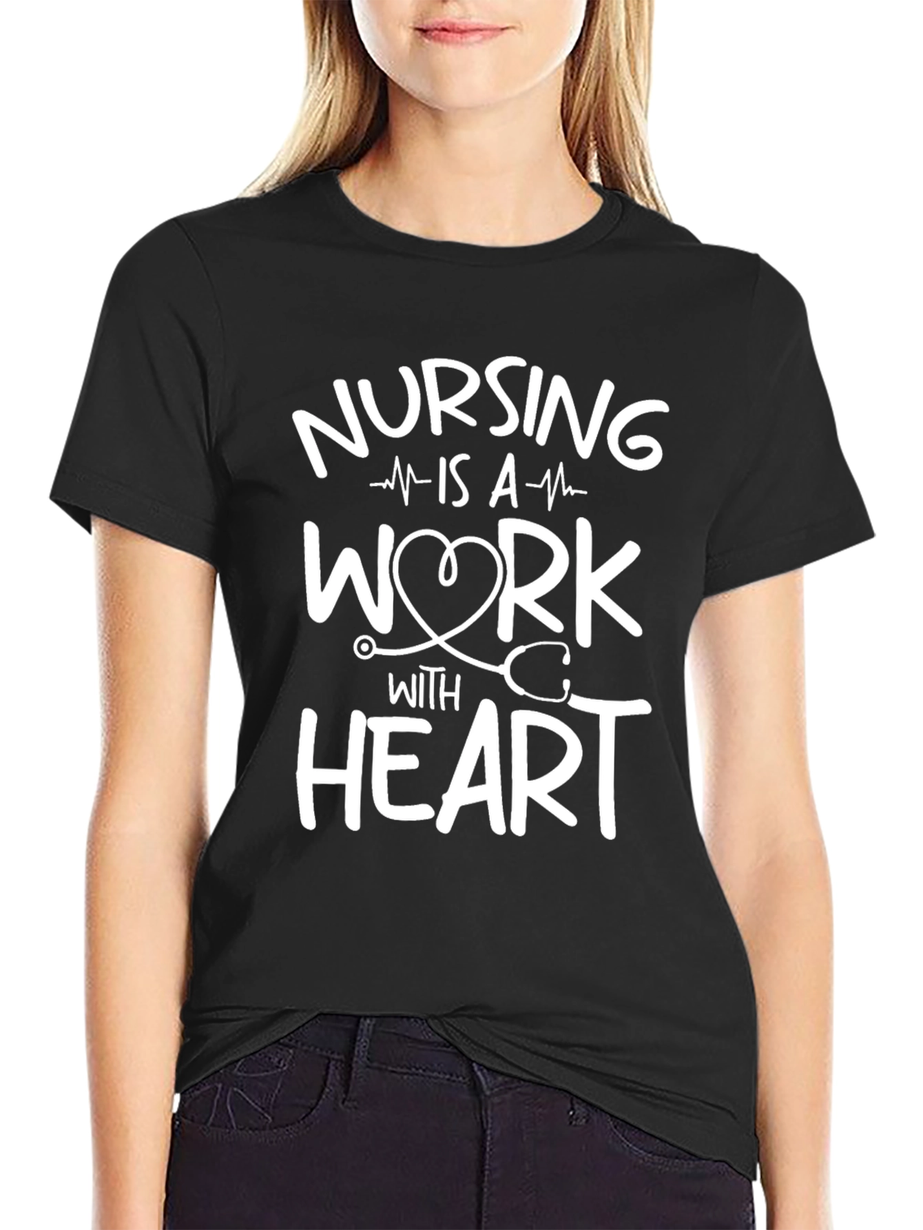 Black Nursing Is a Work with Heart Black T-Shirt view 2