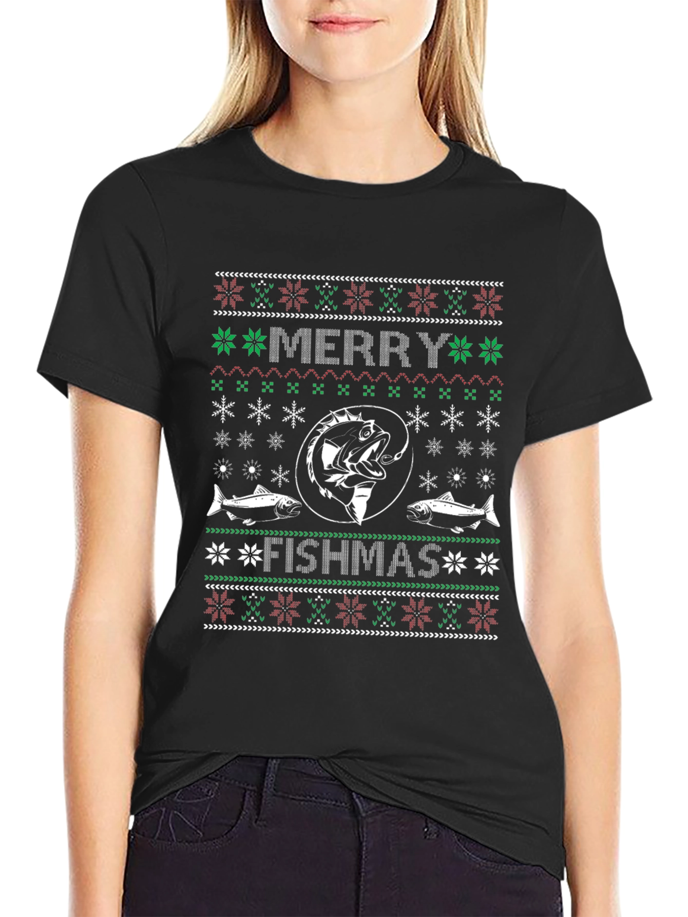 Black Merry Fishmas T-Shirt - Ugly Christmas Sweater Style view 2