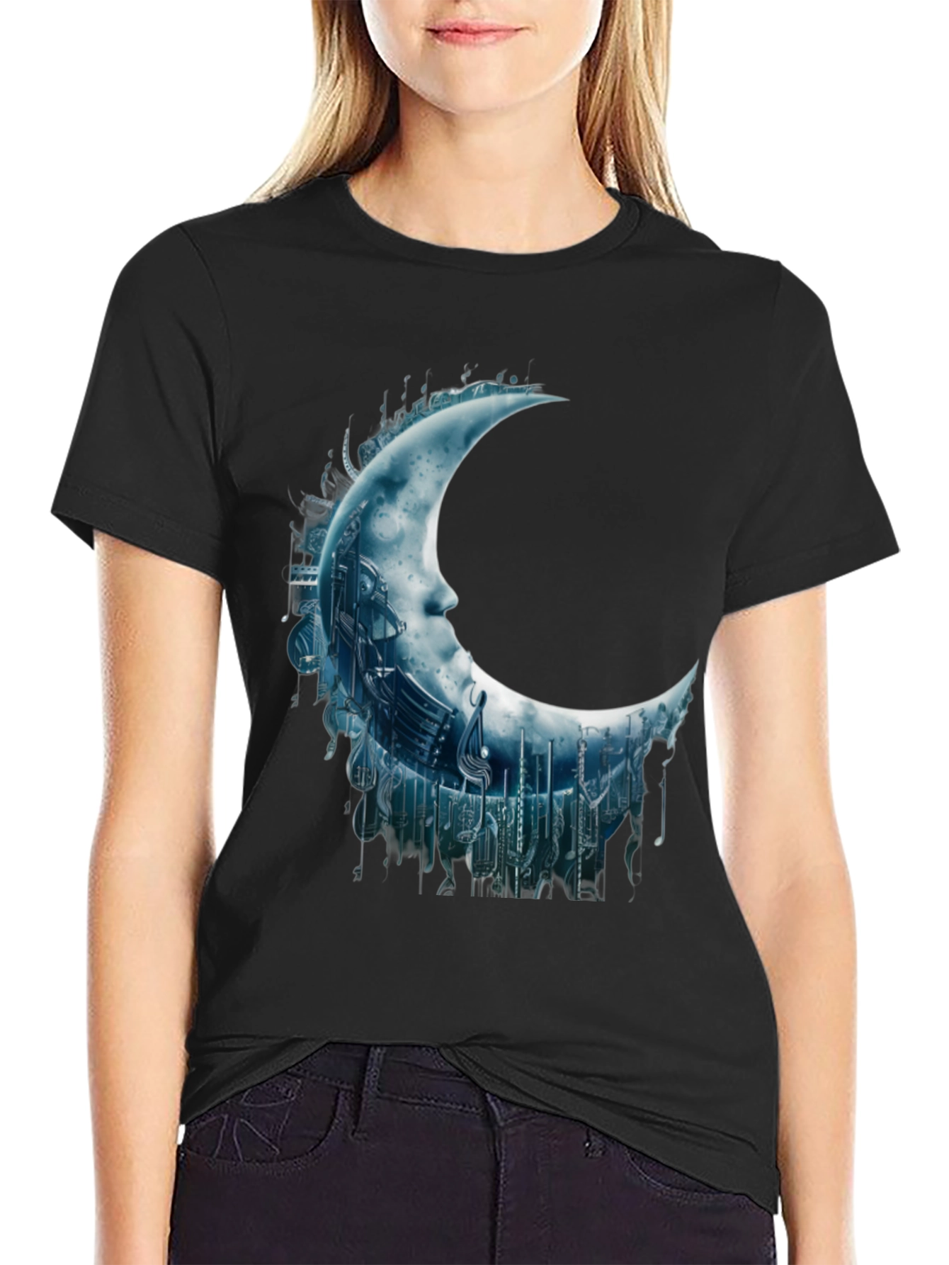 Black Crescent Moon Music Note Graphic Tee - Black view 2