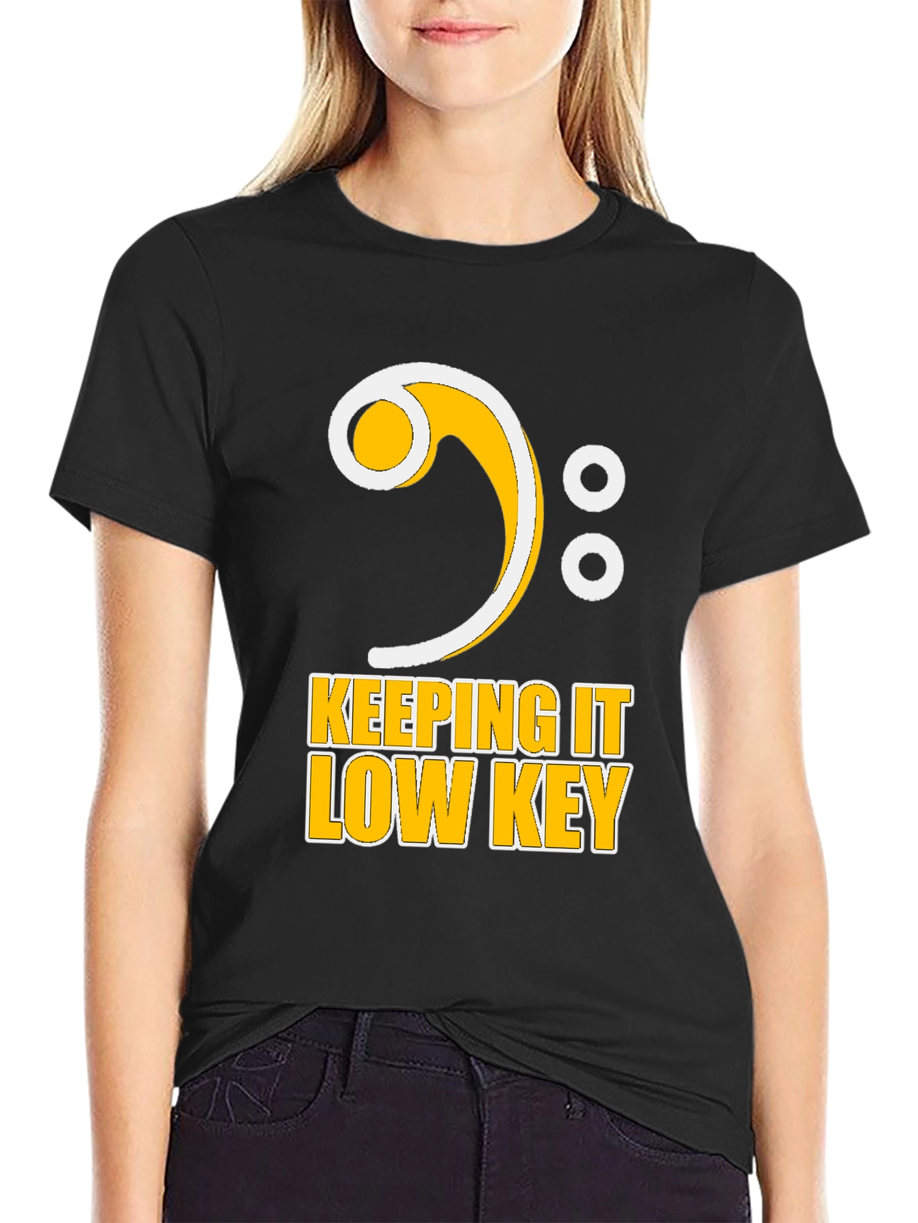 Black Keeping It Low Key Bass Clef Music T-Shirt view 2