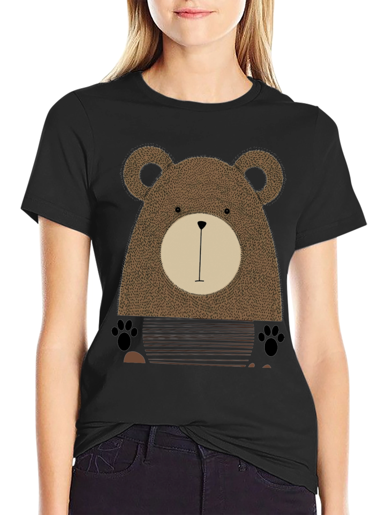 Black Cute Bear Graphic Print Black T-Shirt view 2