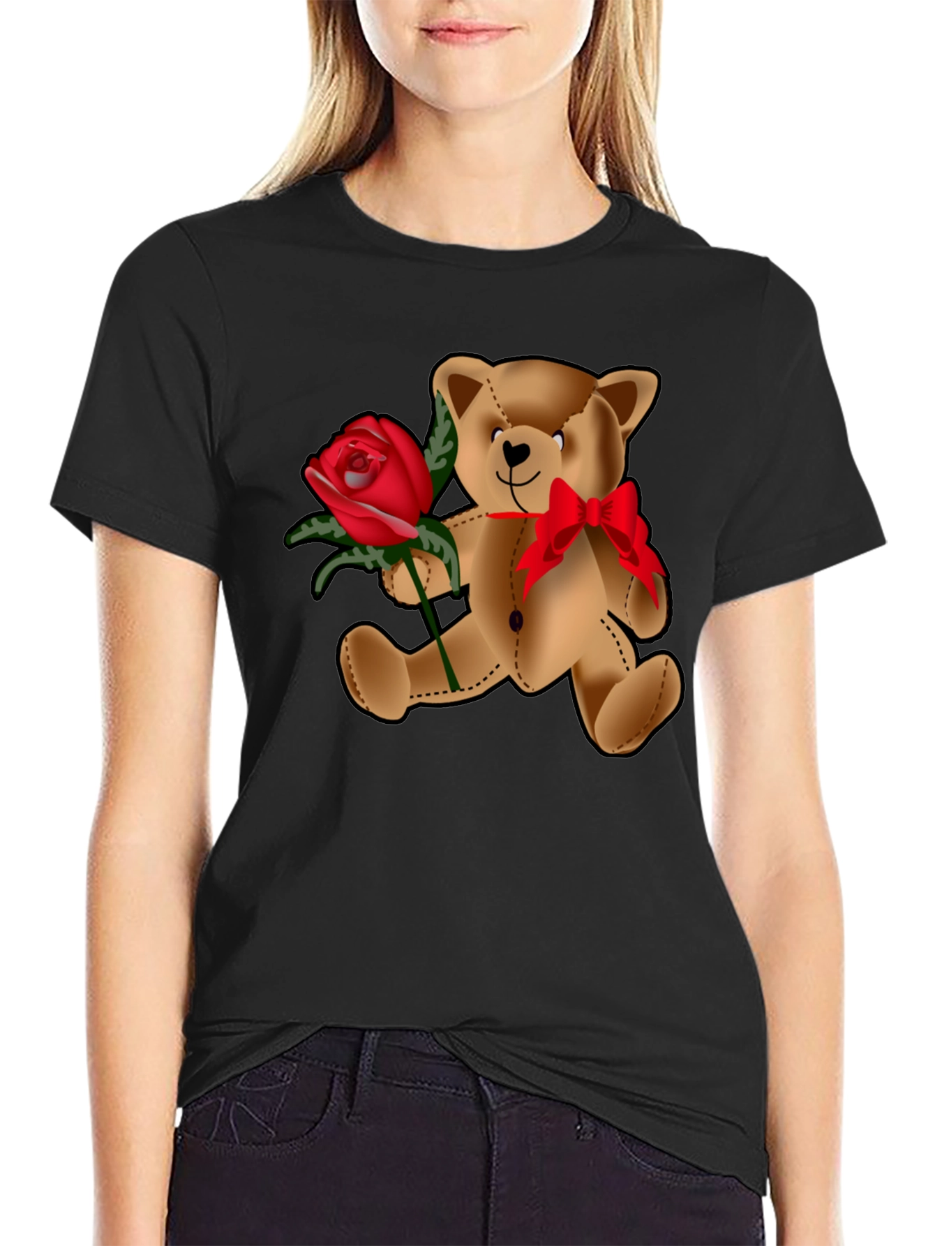 Black Teddy Bear Rose T-Shirt - Valentine's Day Love view 2