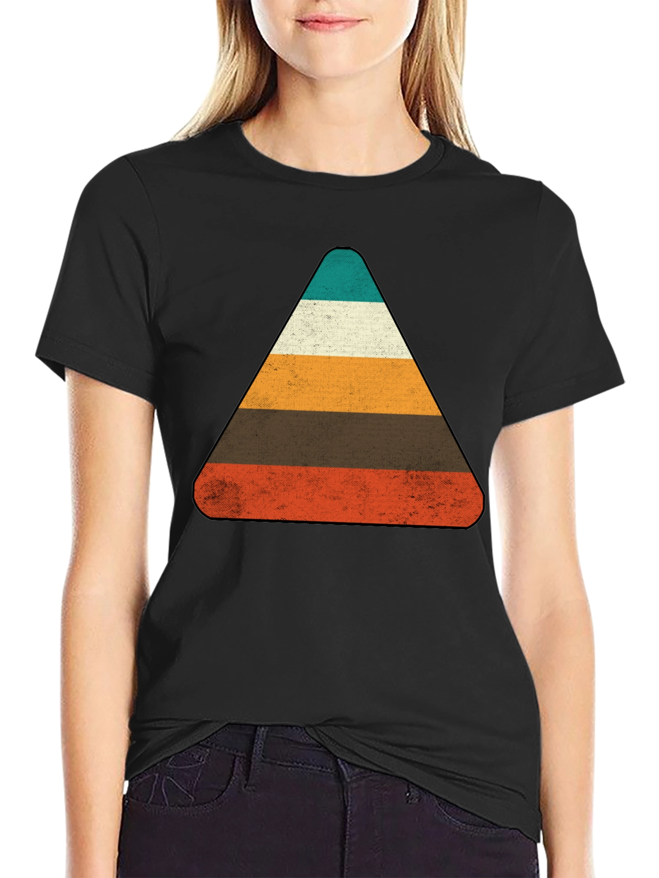 Black Retro Striped Triangle Graphic T-Shirt view 2