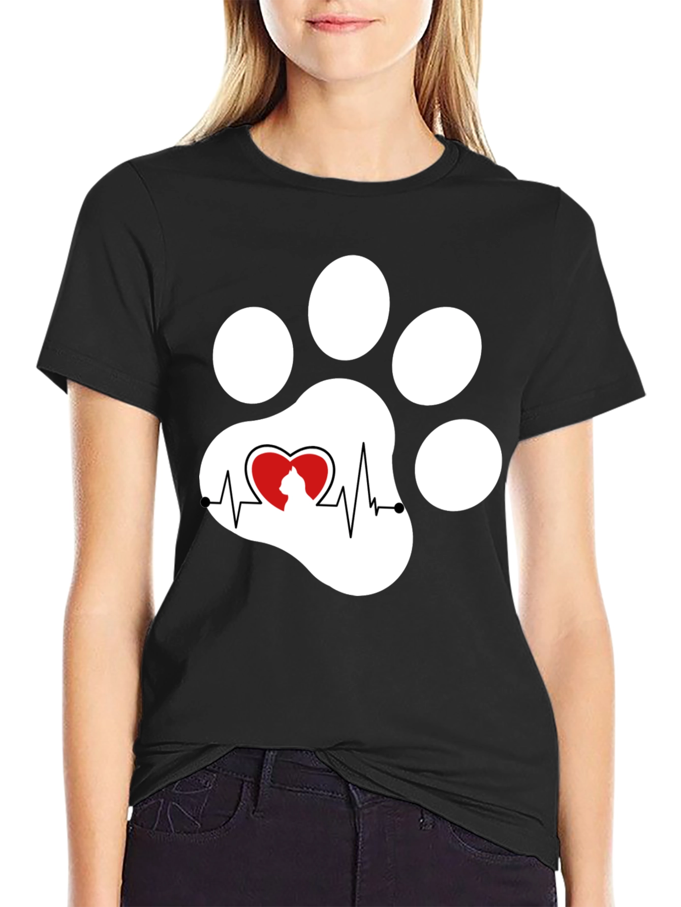 Black Black Cat Paw Heartbeat T-Shirt view 2