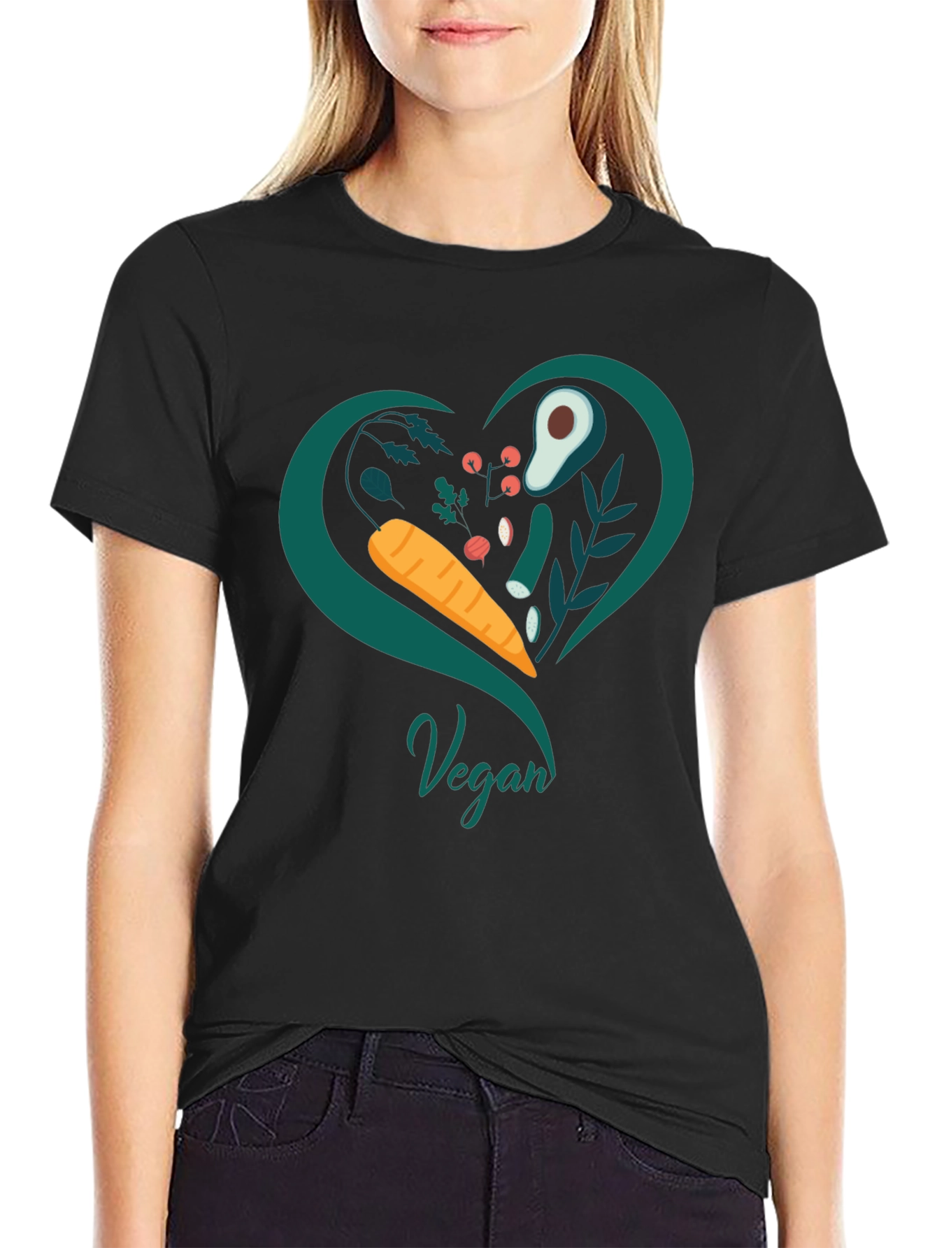 Black Vegan Heart T-Shirt - Black, Casual Fit view 2