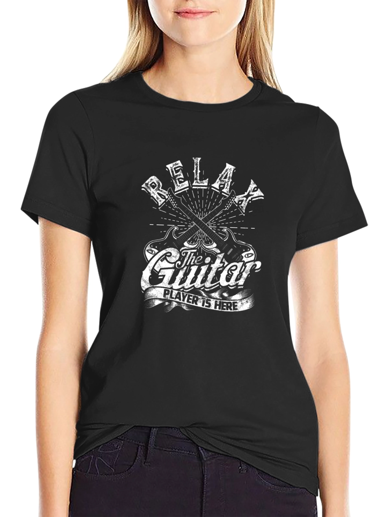 Black Relax Guitar Player Graphic Tee - Black Cotton T-Shirt view 2