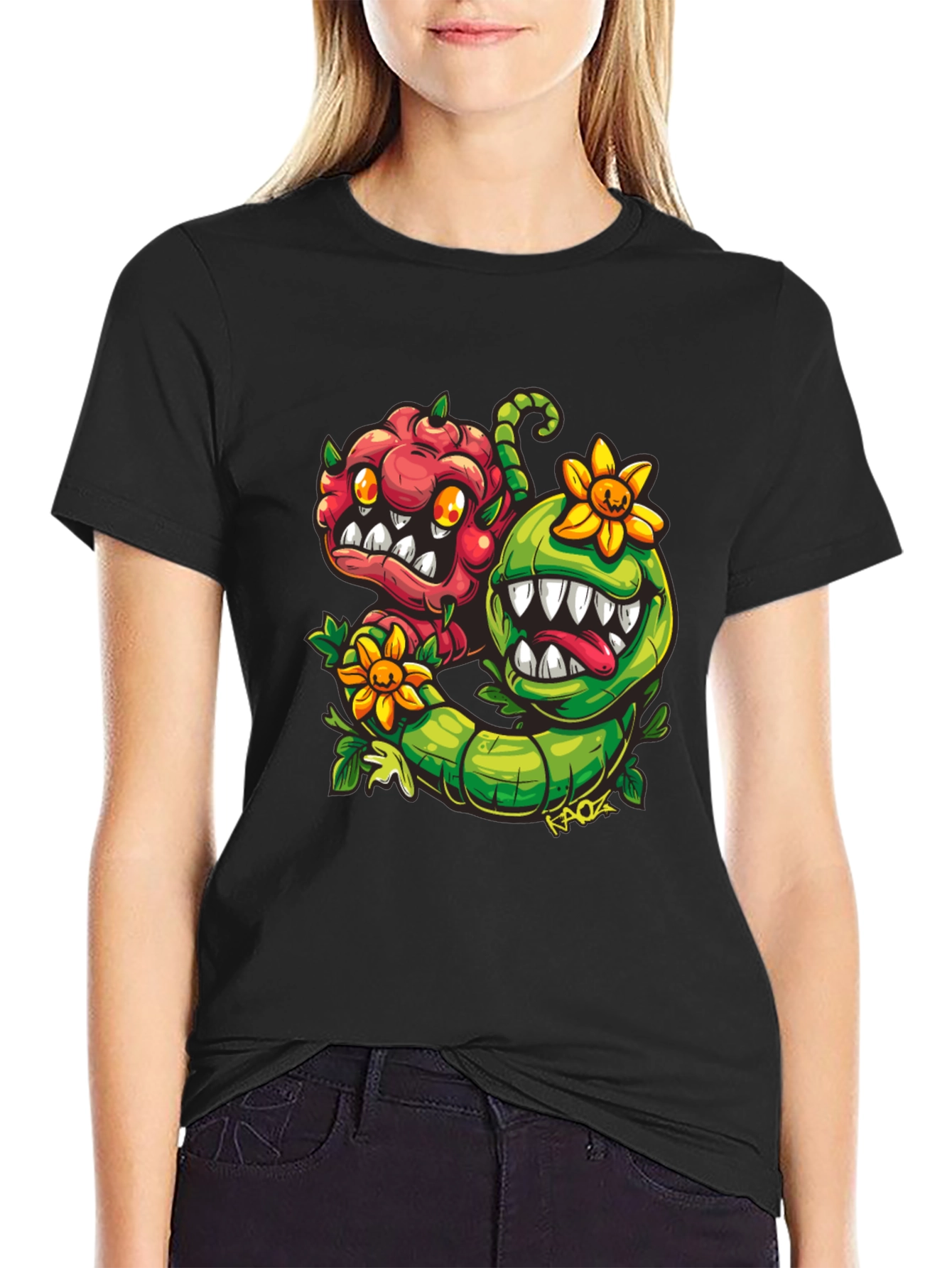 Black Cartoon Monster Plant T-Shirt - Black view 2