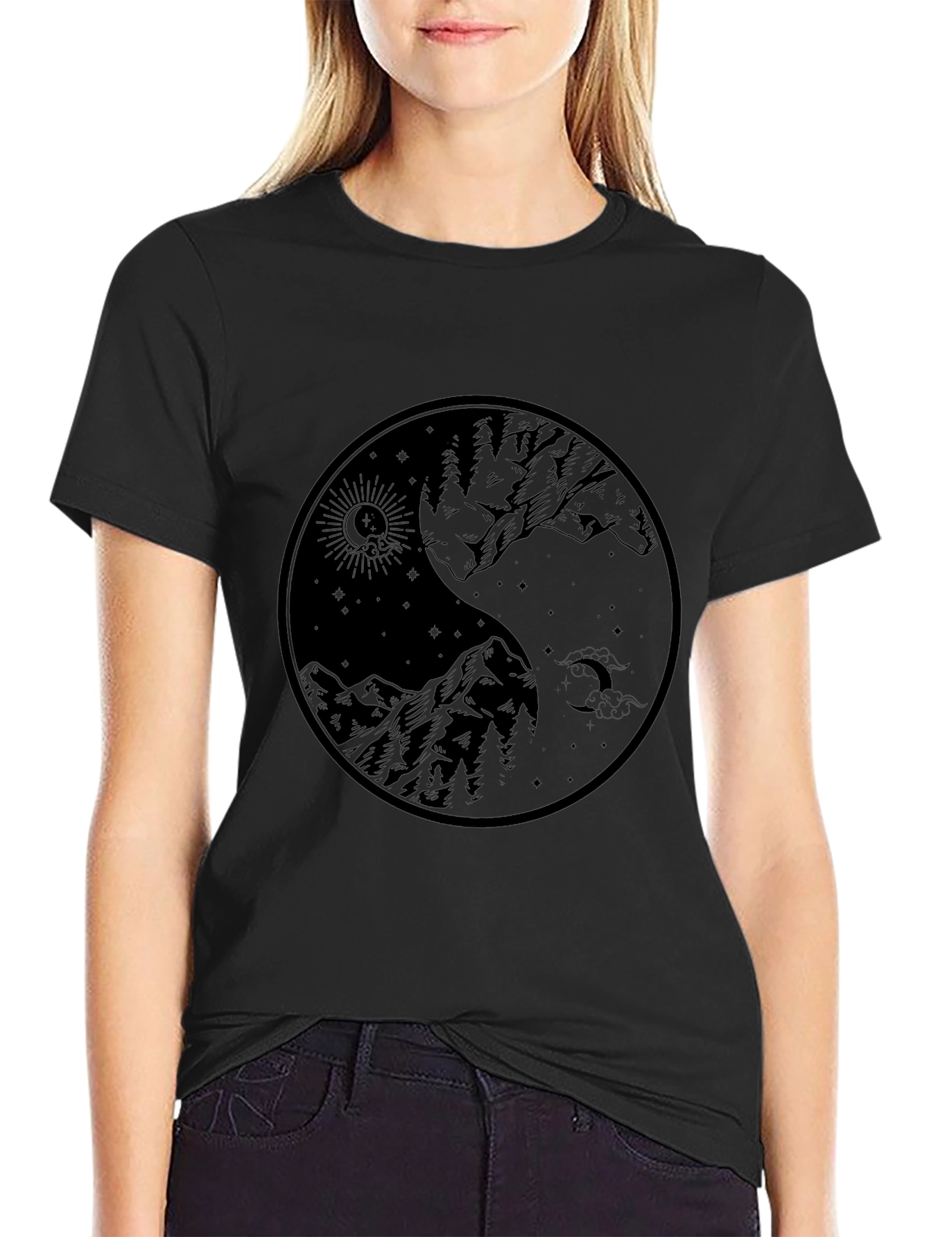 Black Yin Yang Mountain Graphic Tee - Black view 2