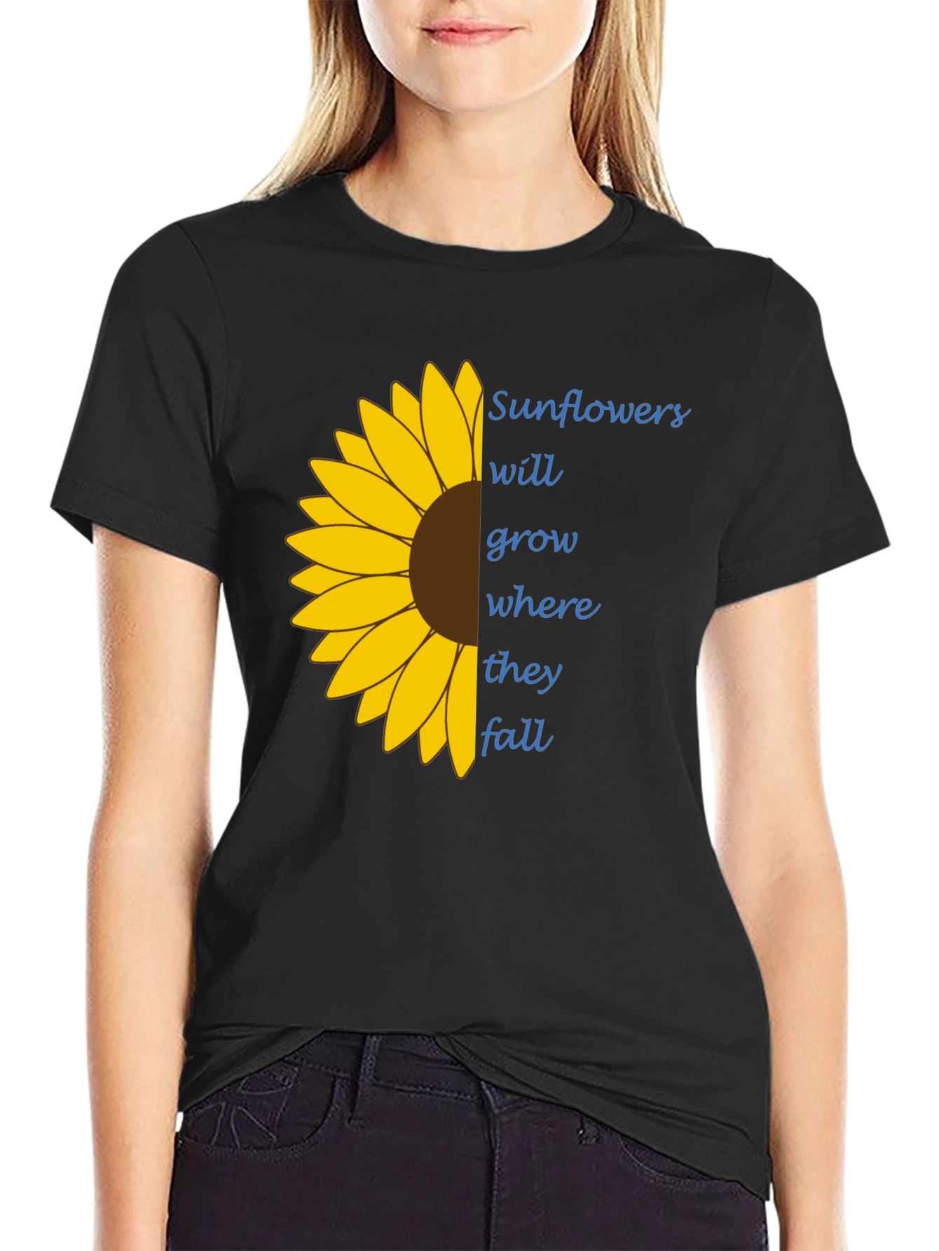 Black Sunflower Graphic Tee - "Grow Where They Fall" T-Shirt view 2