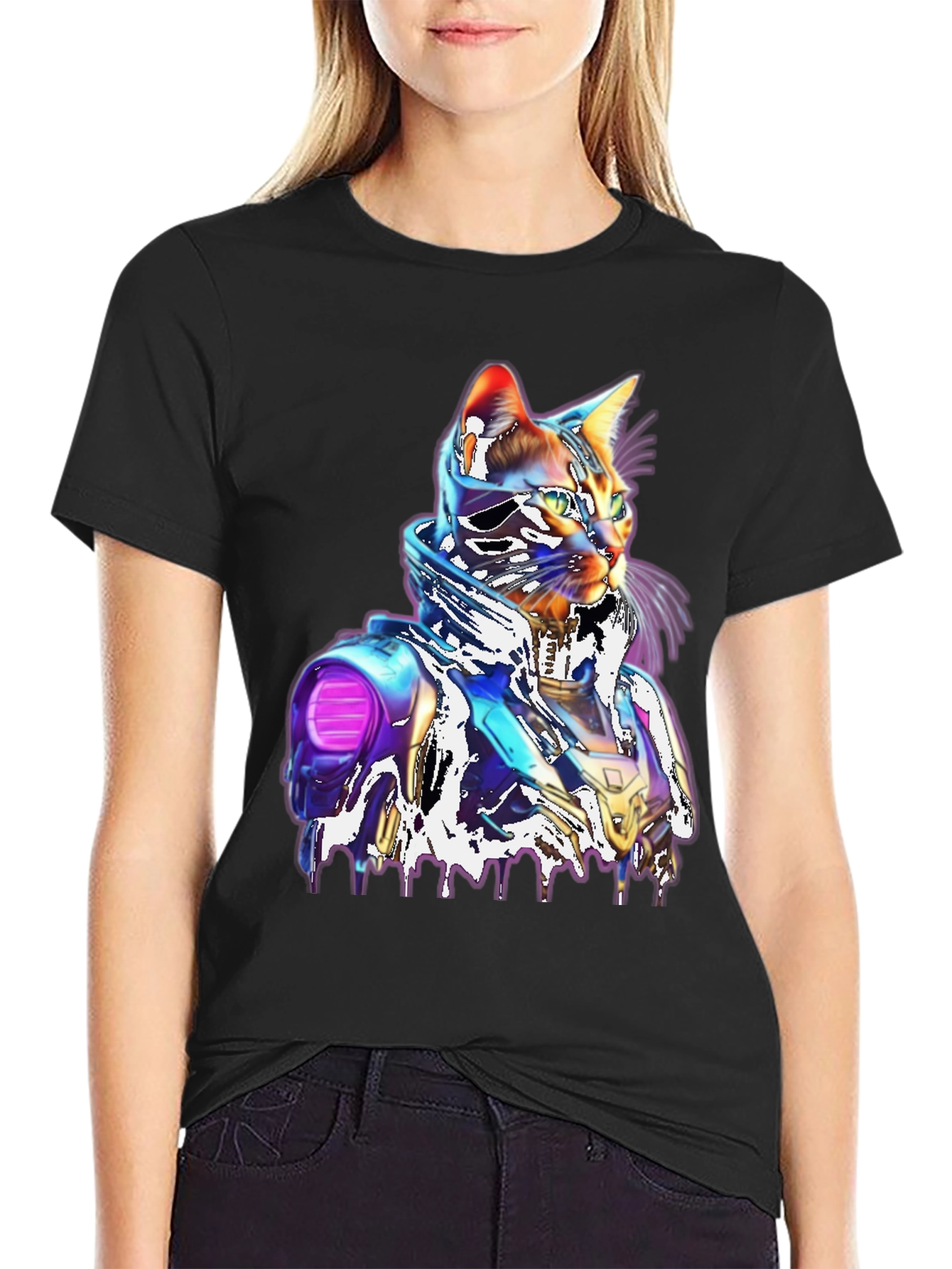 Black Cyberpunk Cat T-Shirt - Unique Futuristic Style view 2