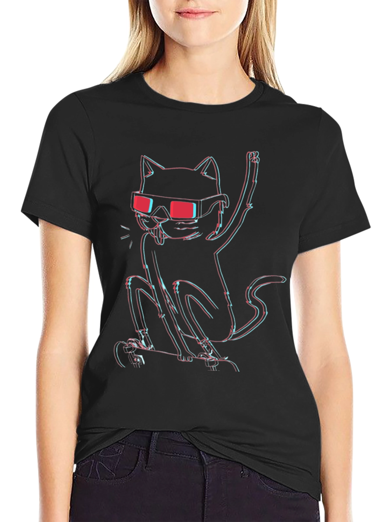 Black Cool Cat 3D Effect Graphic T-Shirt view 2