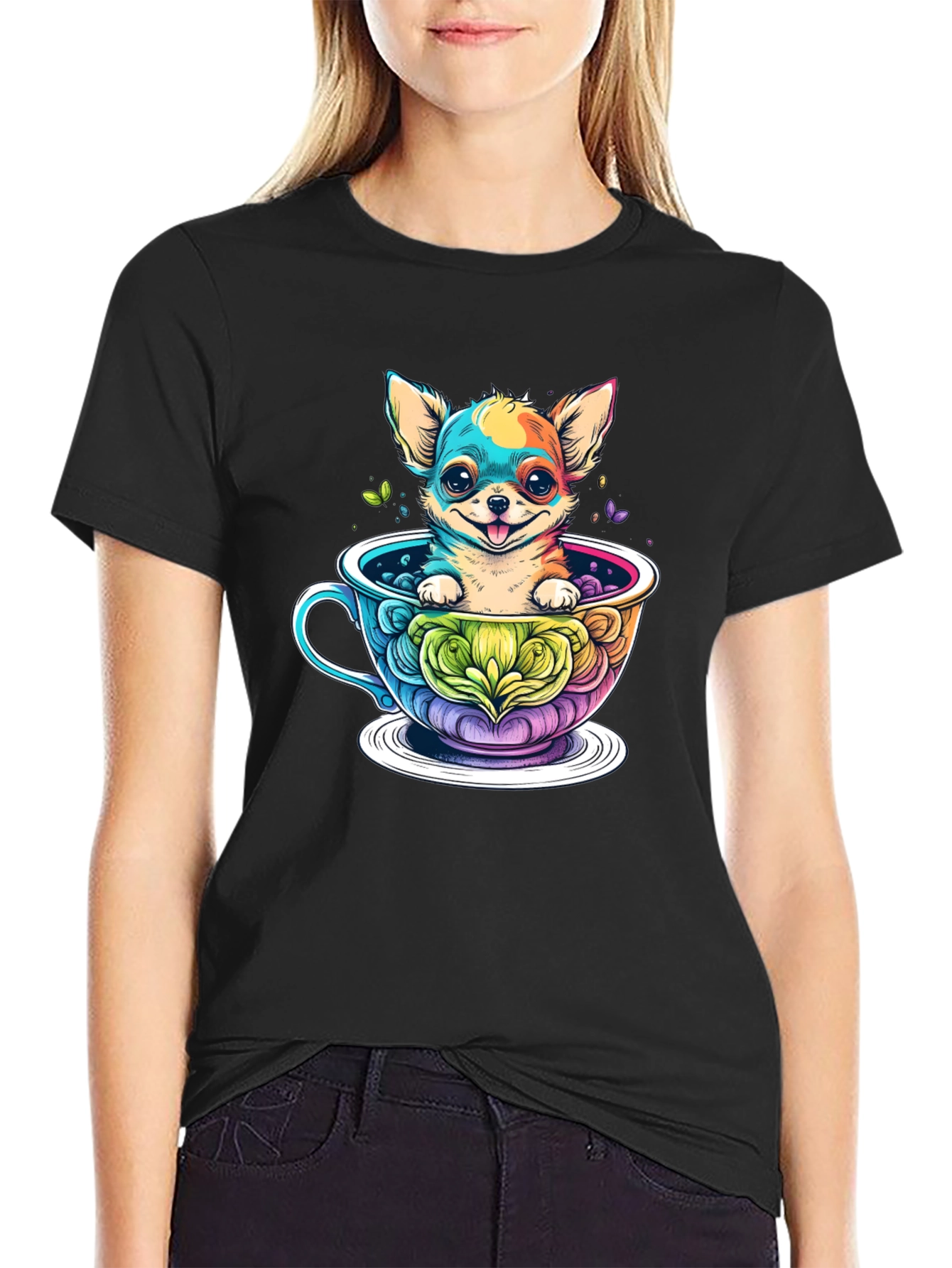 Black Chihuahua in Teacup Graphic Black T-Shirt view 2