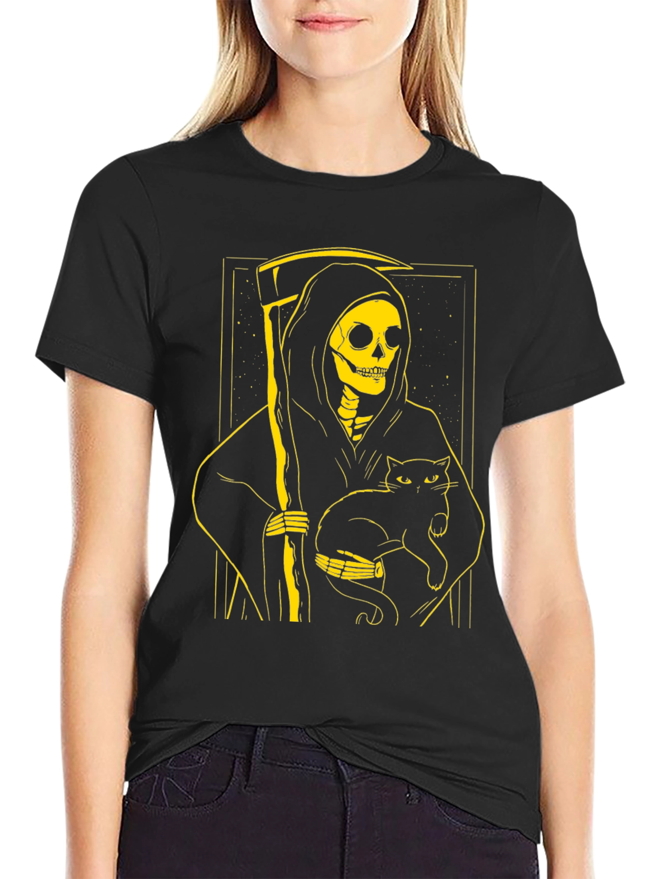 Black Grim Reaper Cat T-Shirt - Black Graphic Tee view 2
