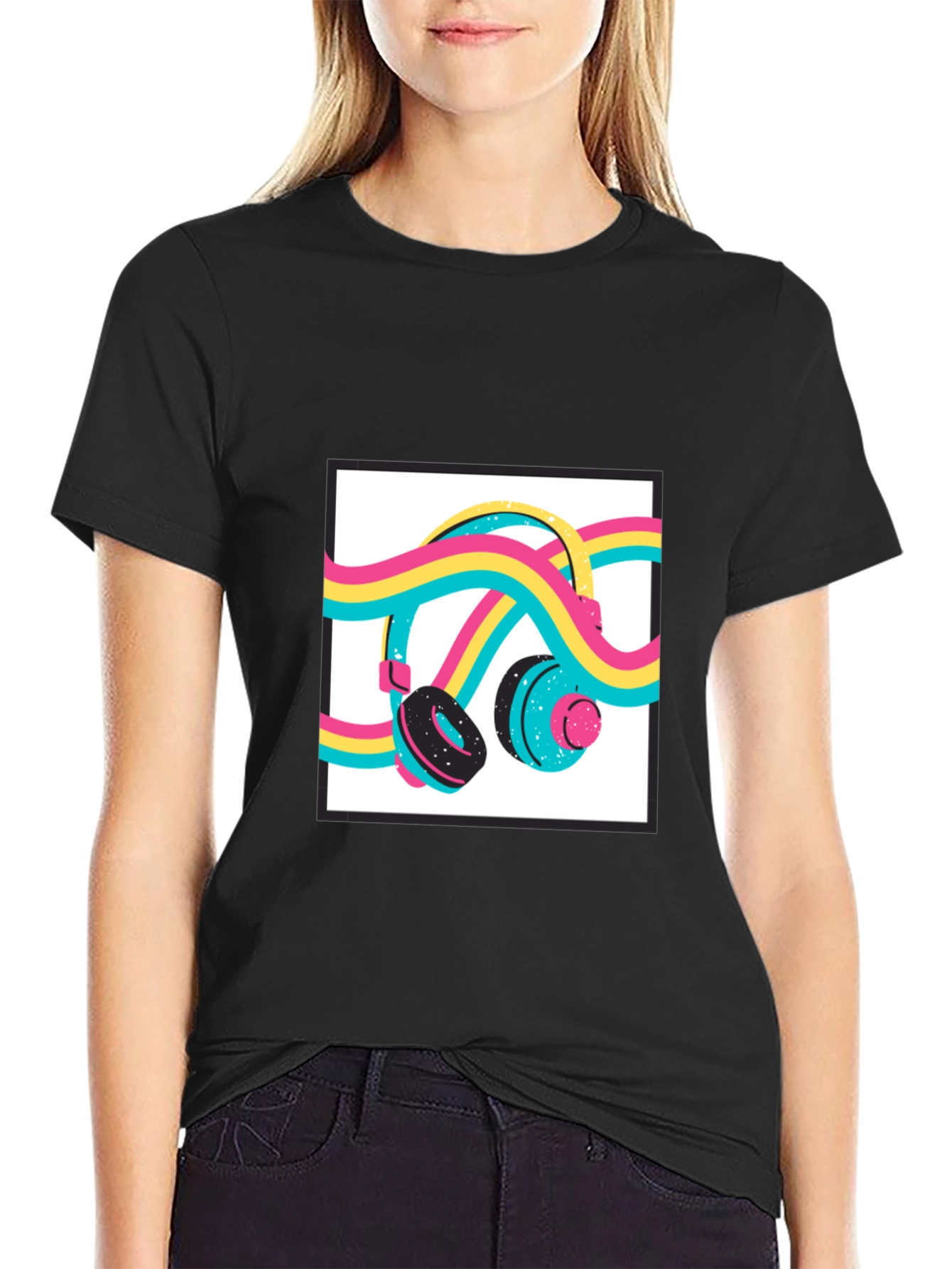 Black Retro Headphones Graphic Tee - Black Cotton Blend Shirt view 2