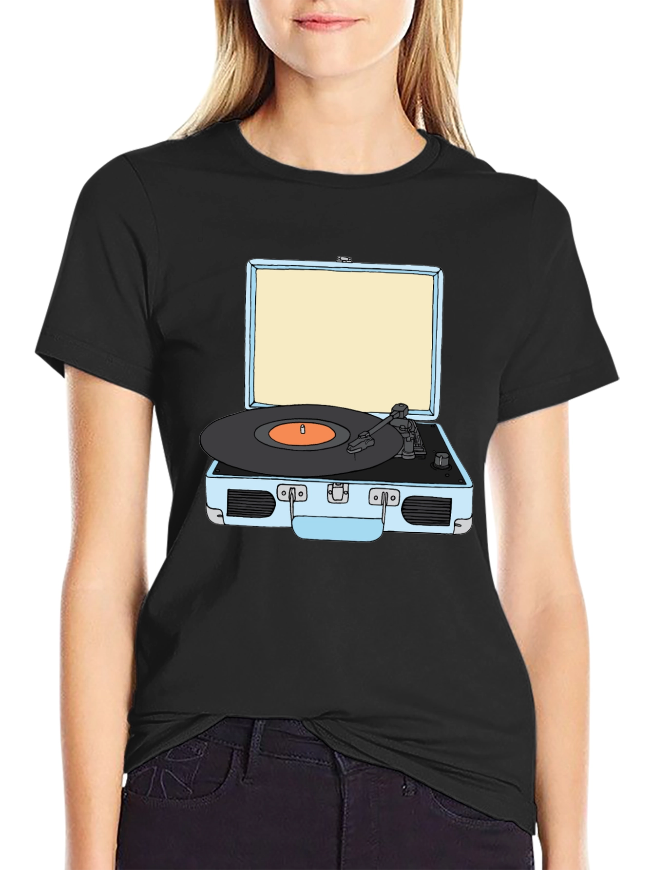 Black Retro Turntable Graphic Tee - Black Cotton T-Shirt view 2
