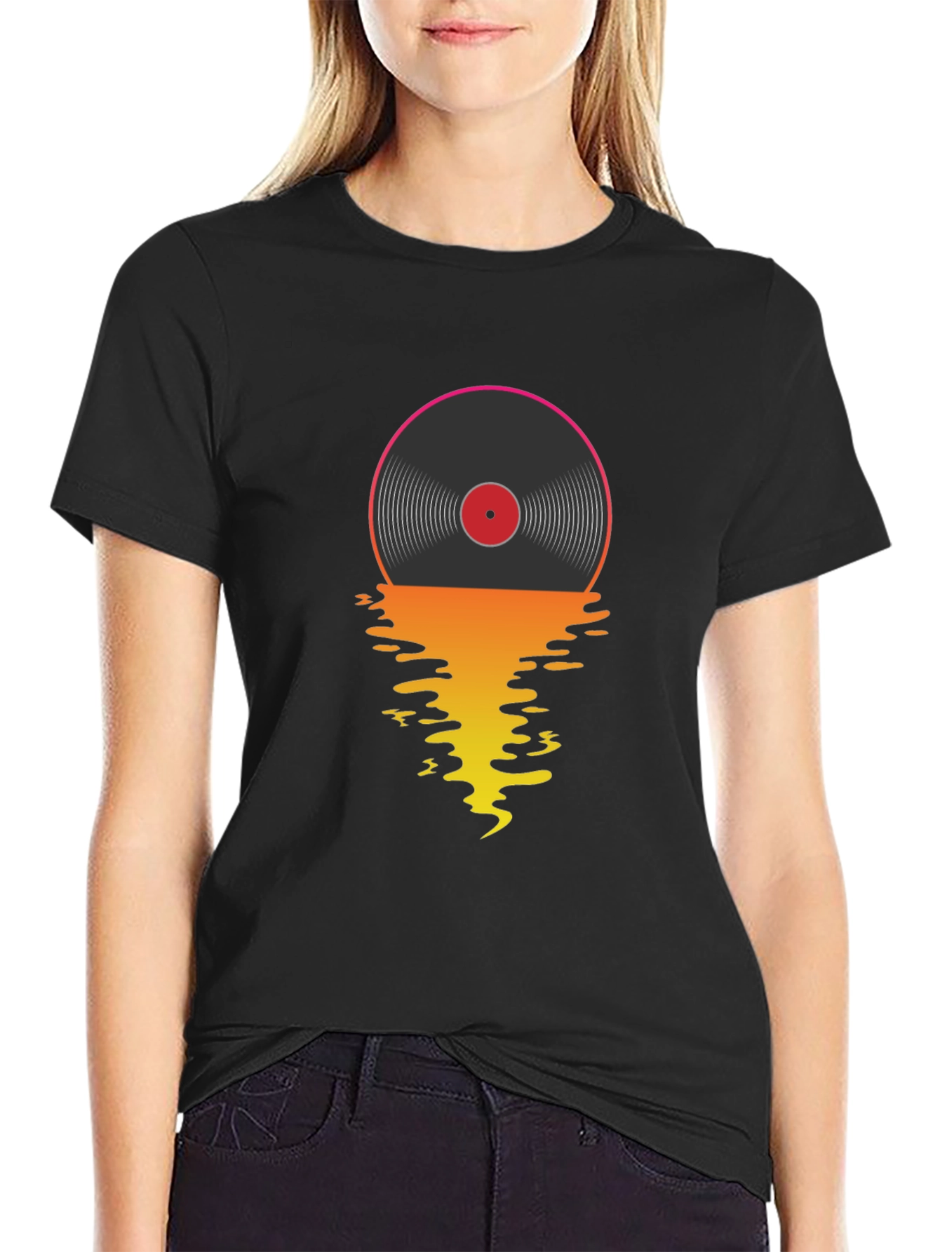 Black Retro Vinyl Record Sunset Graphic T-Shirt view 2