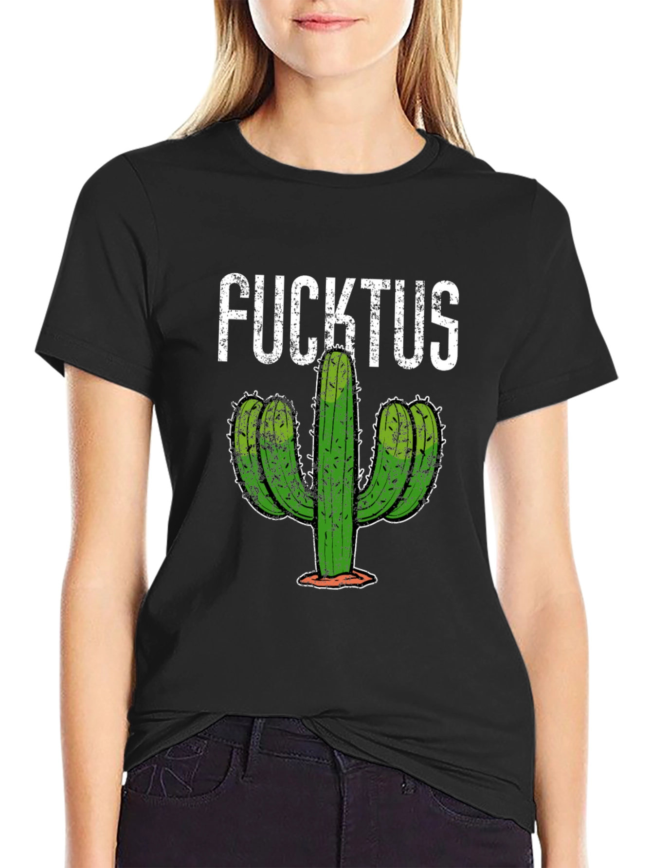 Black Funny Fucktus Cactus Graphic T-Shirt - Black view 2