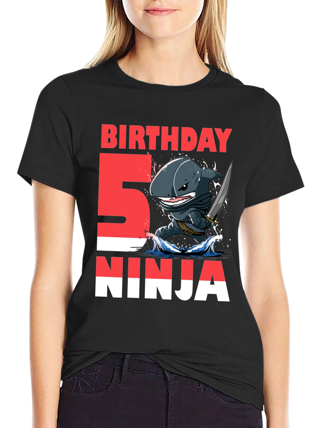 Black 5th Birthday Ninja Shark T-Shirt view 2