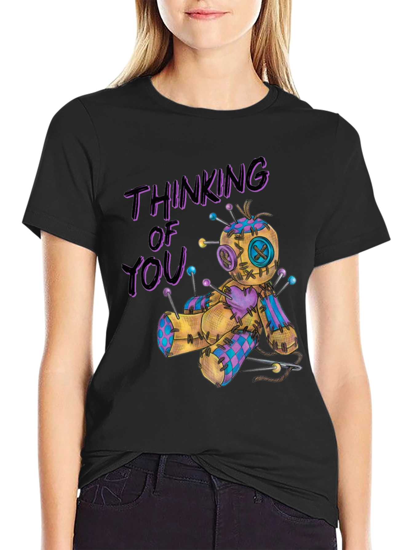 Black Thinking of You Voodoo Doll Graphic T-Shirt view 2