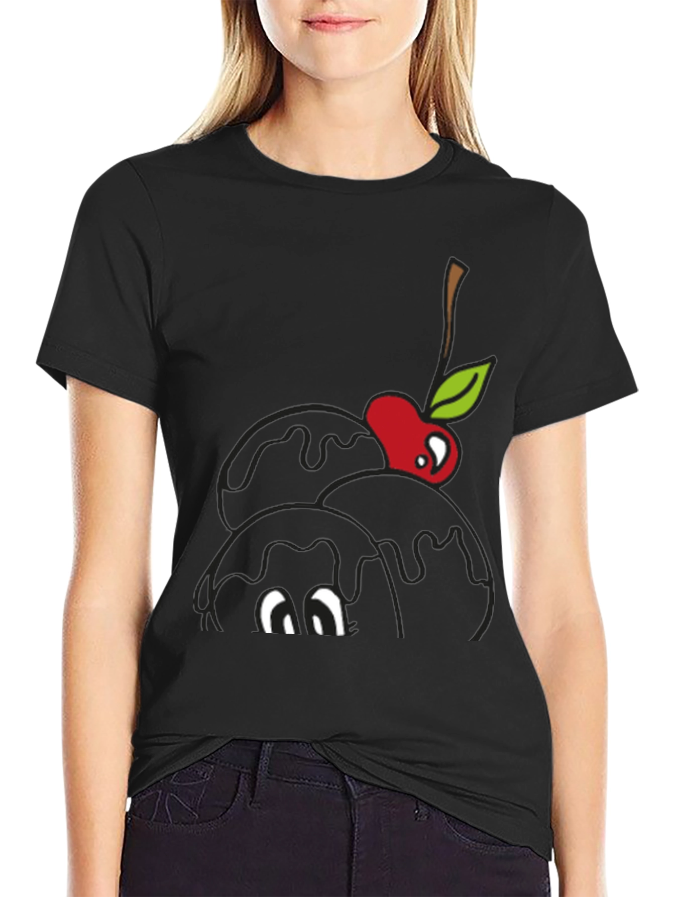 Black Black T-Shirt with Cartoon Cherry Ice Cream Design view 2