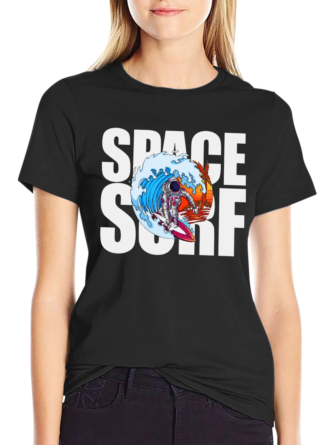 Black Space Surf Graphic Tee - Astronaut Surfing T-Shirt view 2