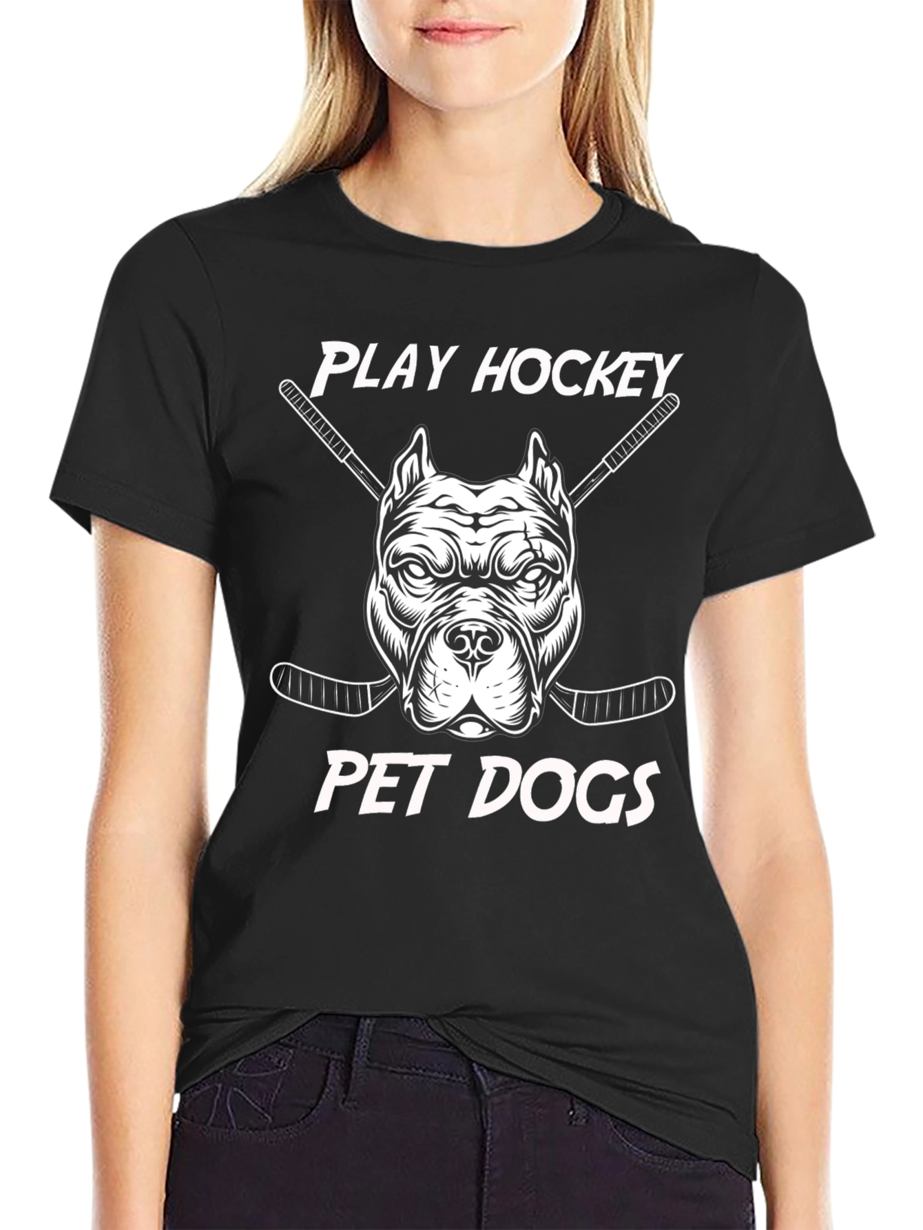 Black Play Hockey Pet Dogs T-Shirt - Black Cotton Tee view 2