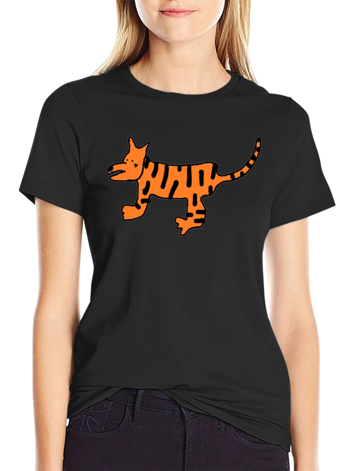 Black Cool Black T-Shirt with Cartoon Tiger Design view 2