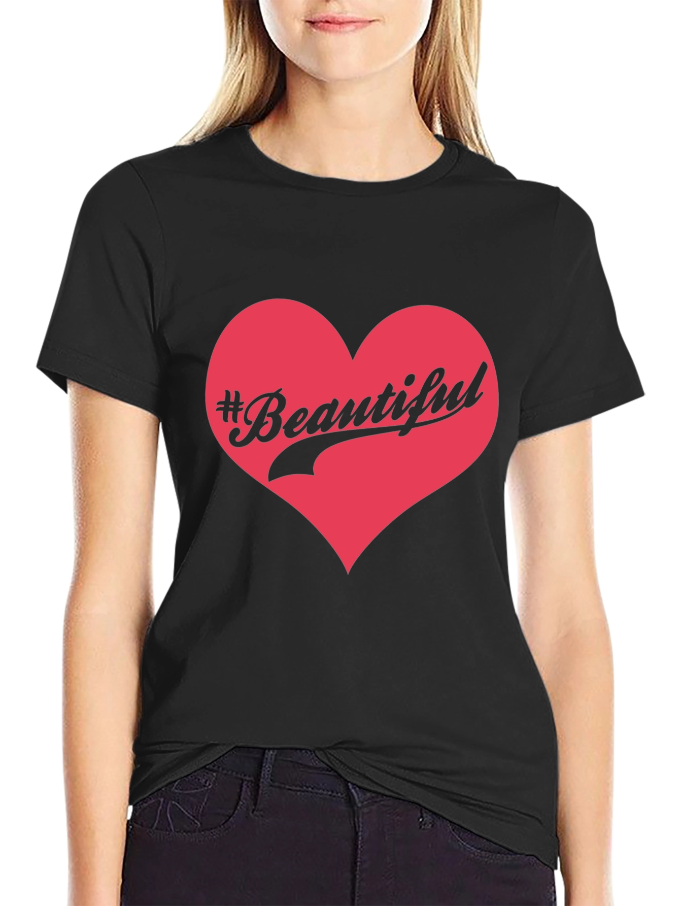 Black #Beautiful Heart Graphic Print Black T-Shirt view 2