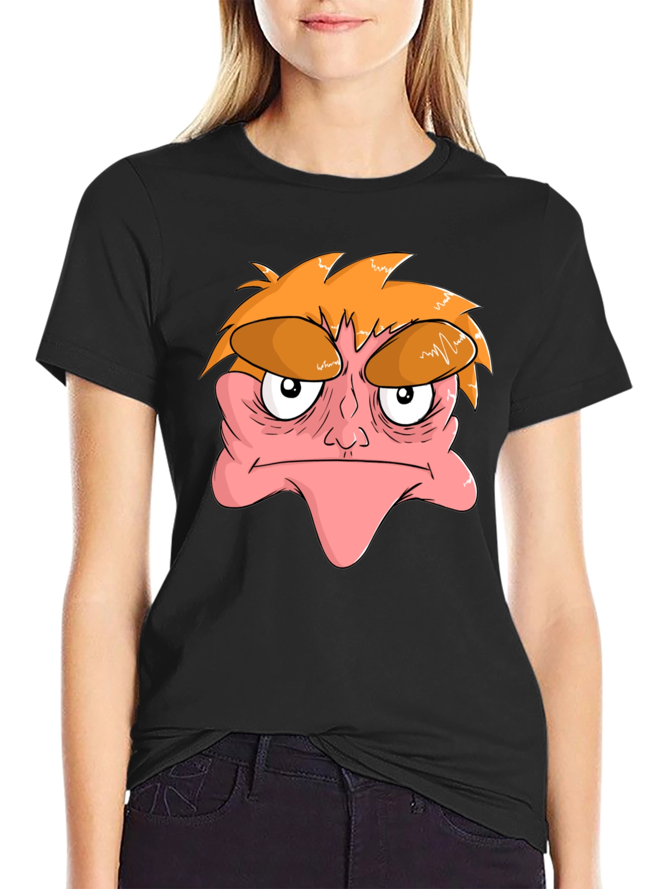 Black Grumpy Cartoon Face Black T-Shirt view 2