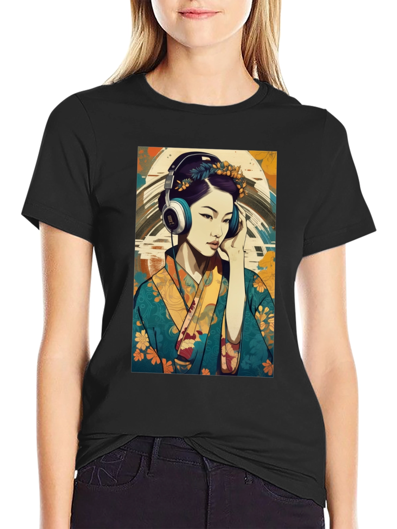 Black Geisha Headphones Graphic Tee - Stylish & Unique view 2