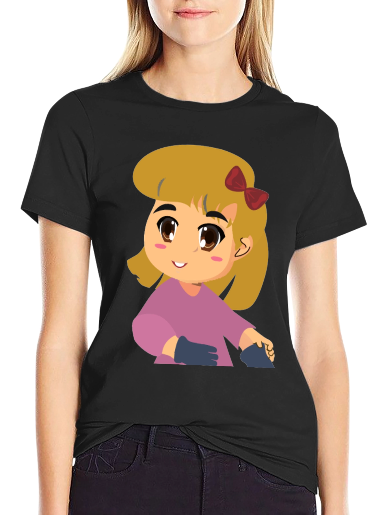 Black Cute Girl Cartoon Black T-Shirt view 2