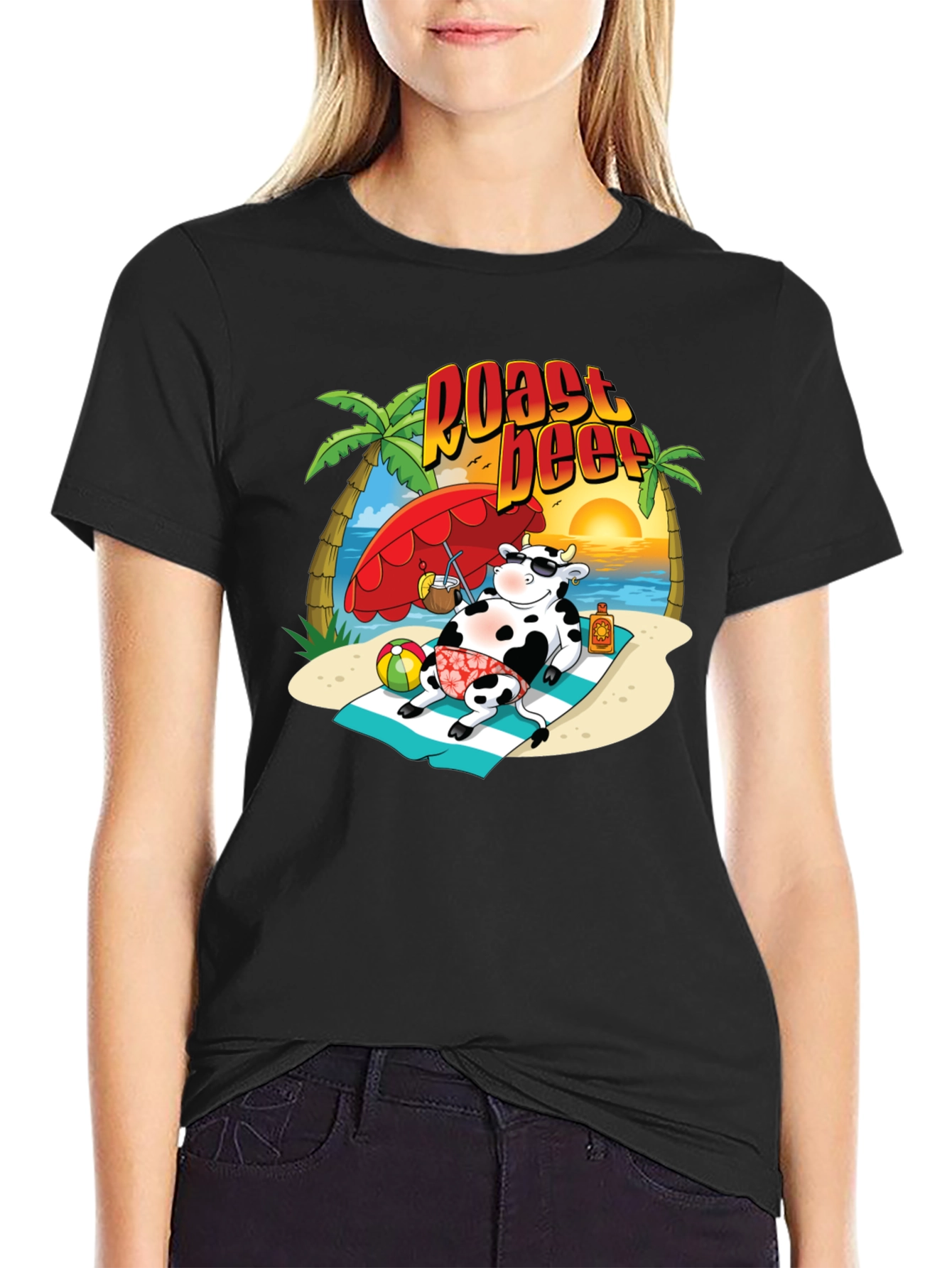 Black Roast Beef Beach Cow Graphic T-Shirt view 2