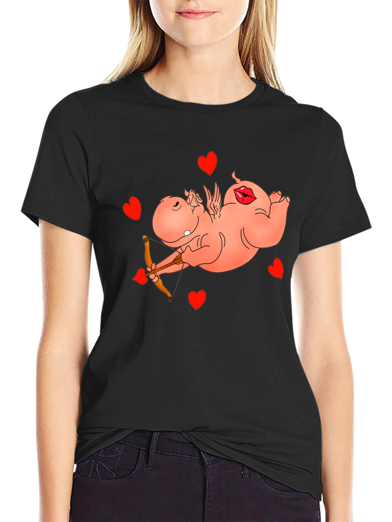 Black Cupid Hippo Graphic Tee - Funny Valentine's Day Shirt view 2