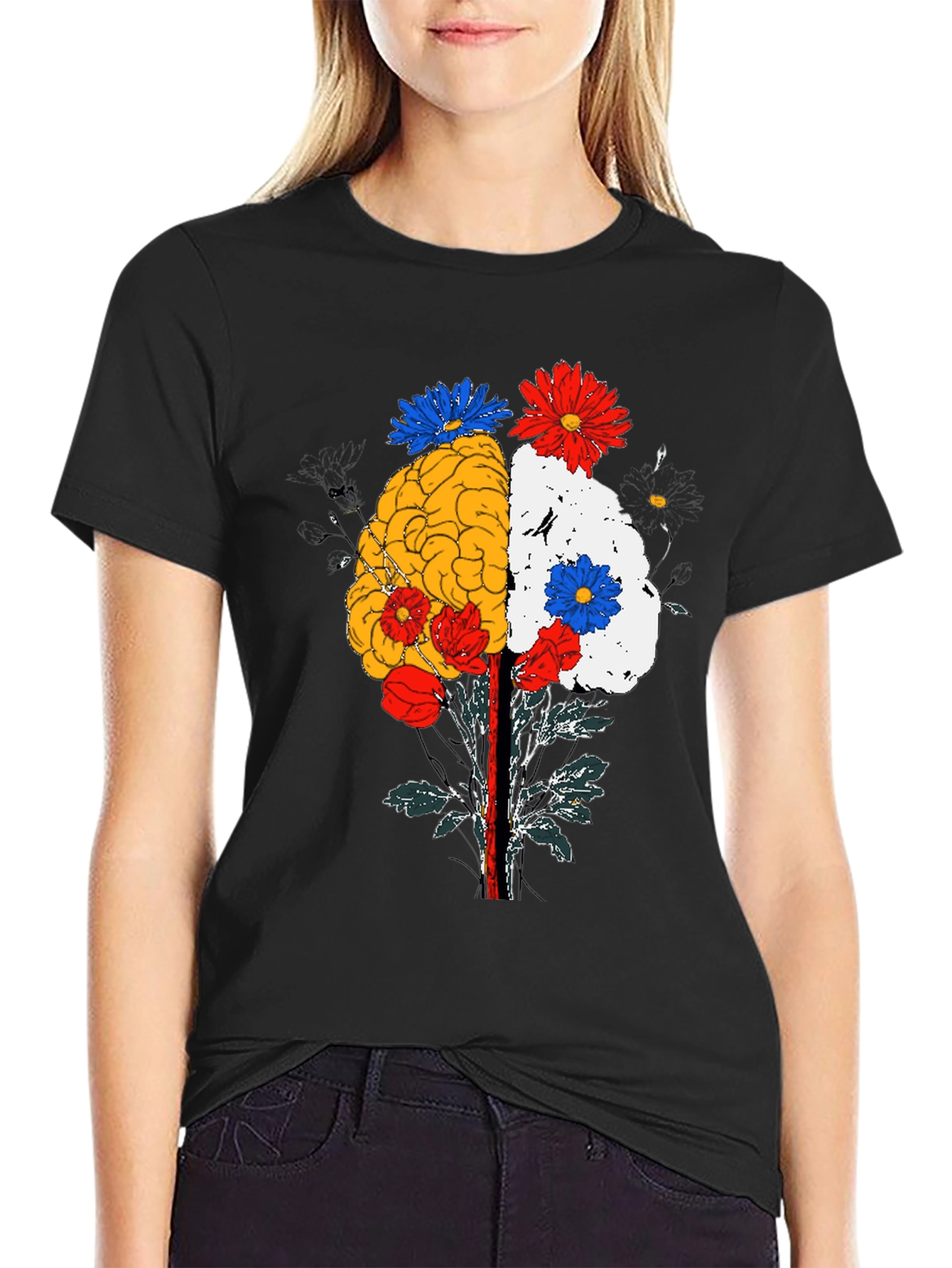 Black Brain and Flower Graphic Tee - Black Cotton view 2