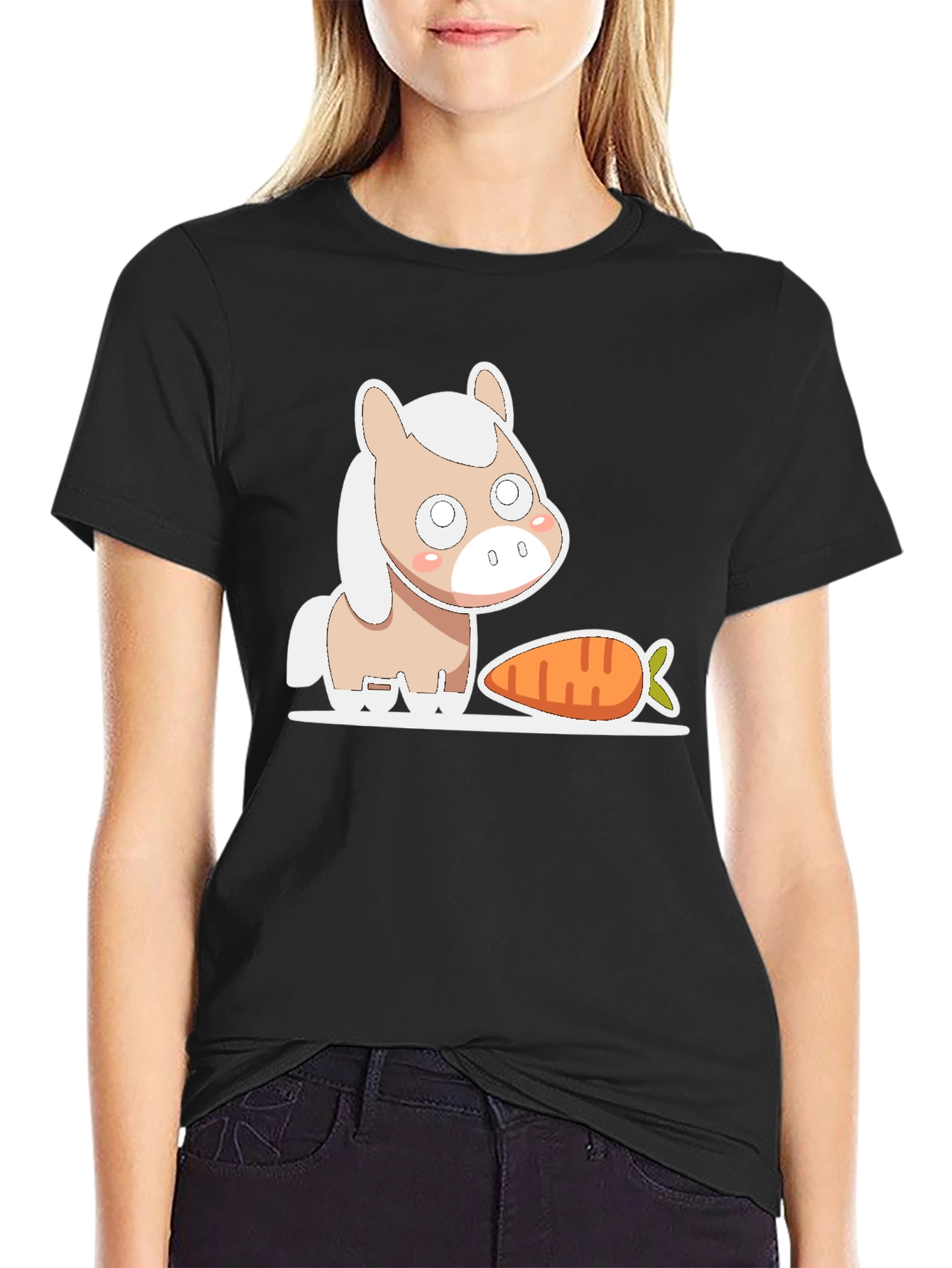Black Cute Horse and Carrot Graphic Tee view 2