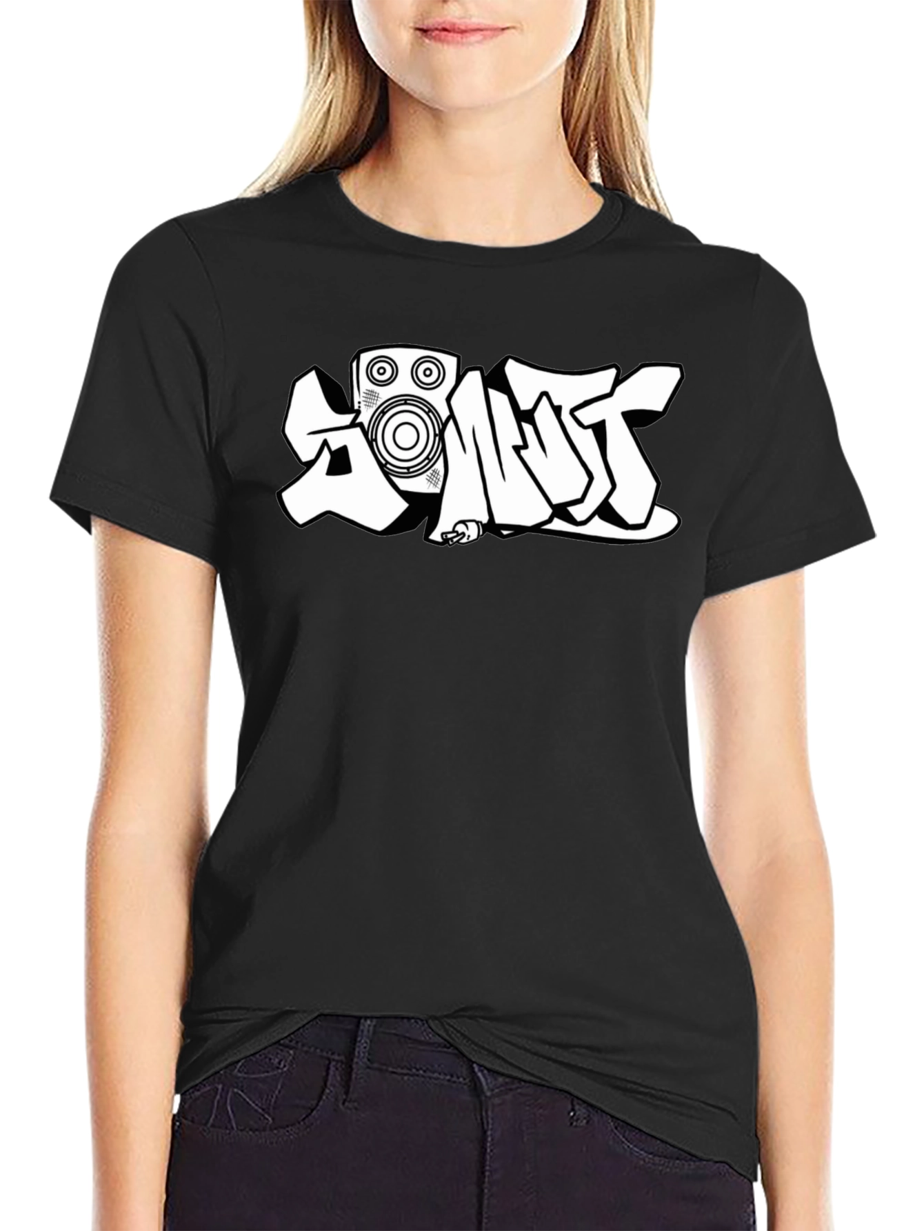 Black Black T-Shirt with White Graffiti-Style Speaker Graphic view 2