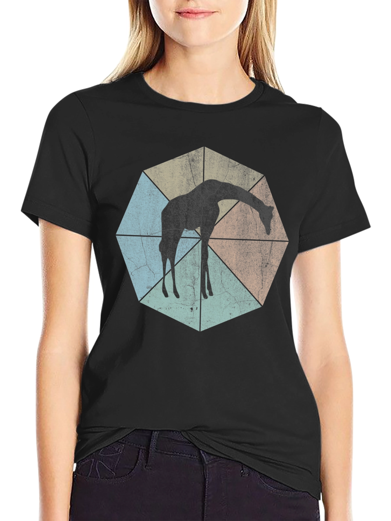 Black Geometric Giraffe T-Shirt - Unisex Black Tee view 2