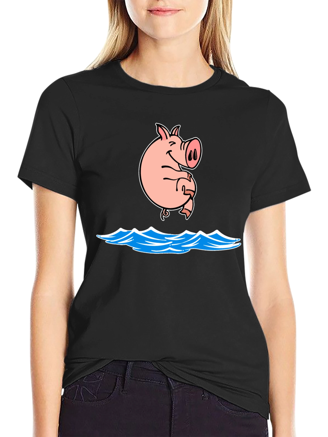 Black Pig Swimming T-Shirt Funny Graphic Tee view 2
