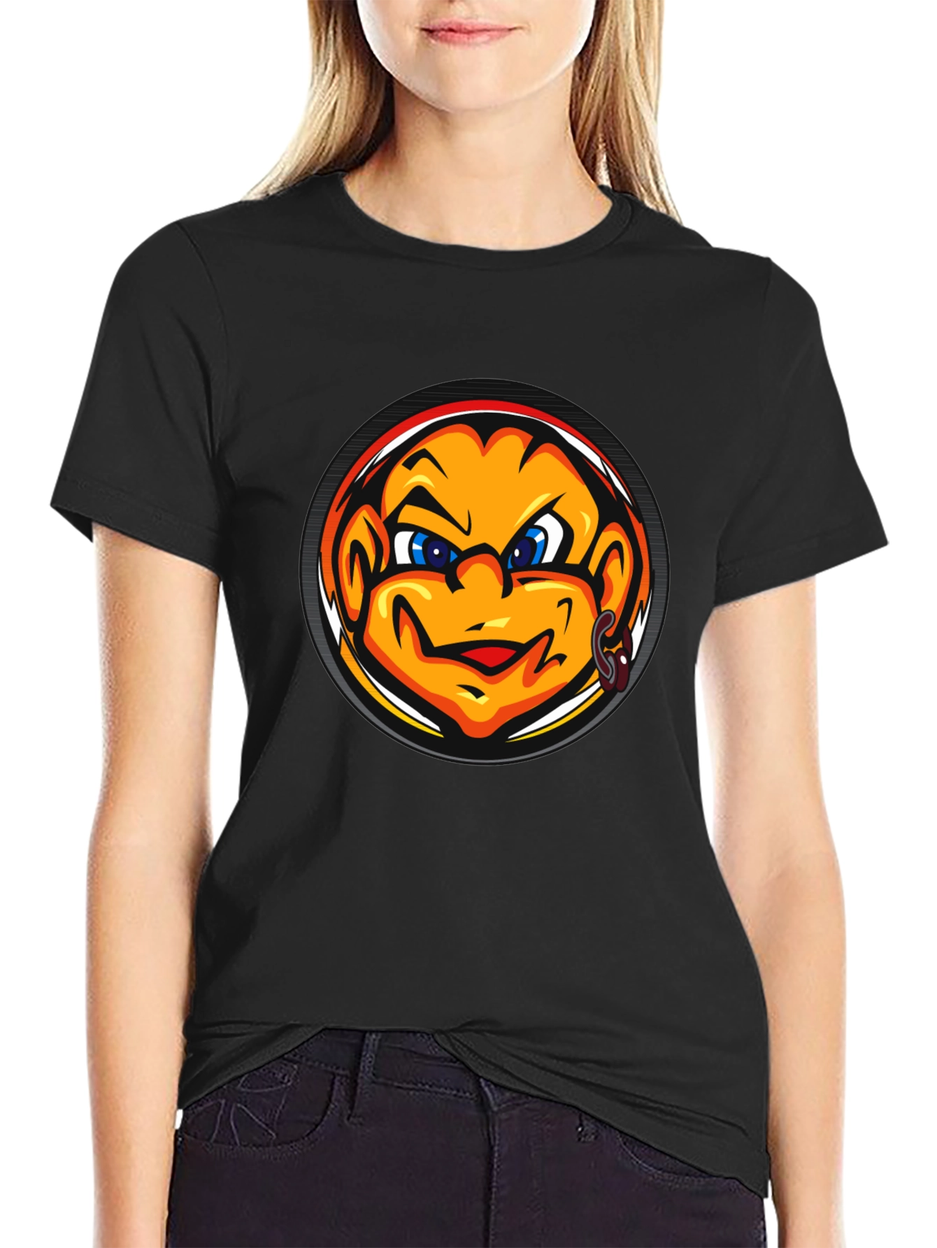 Black Cool Black T-Shirt with Cartoon Face Graphic view 2