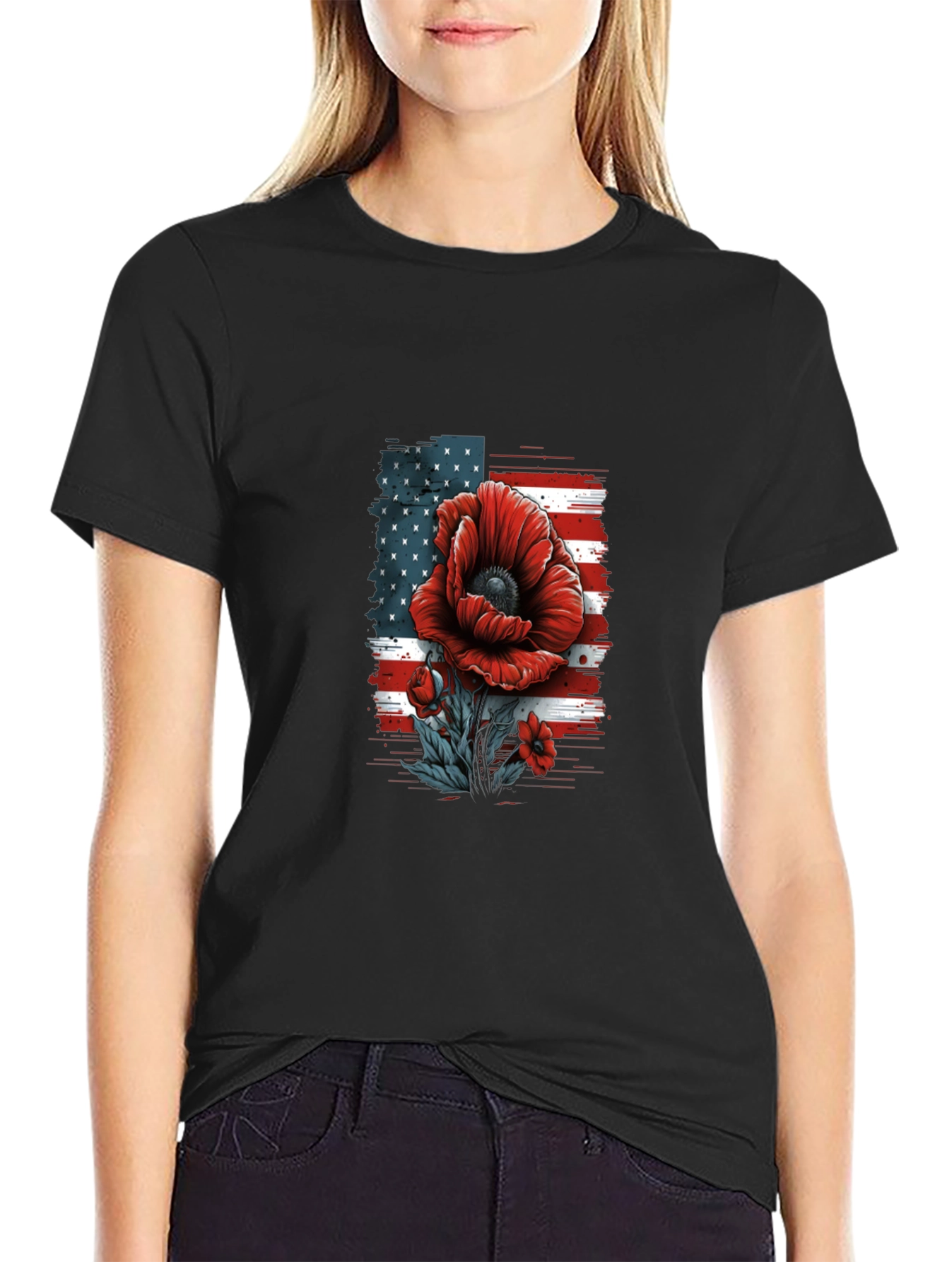 Black American Flag Poppy T-Shirt view 2