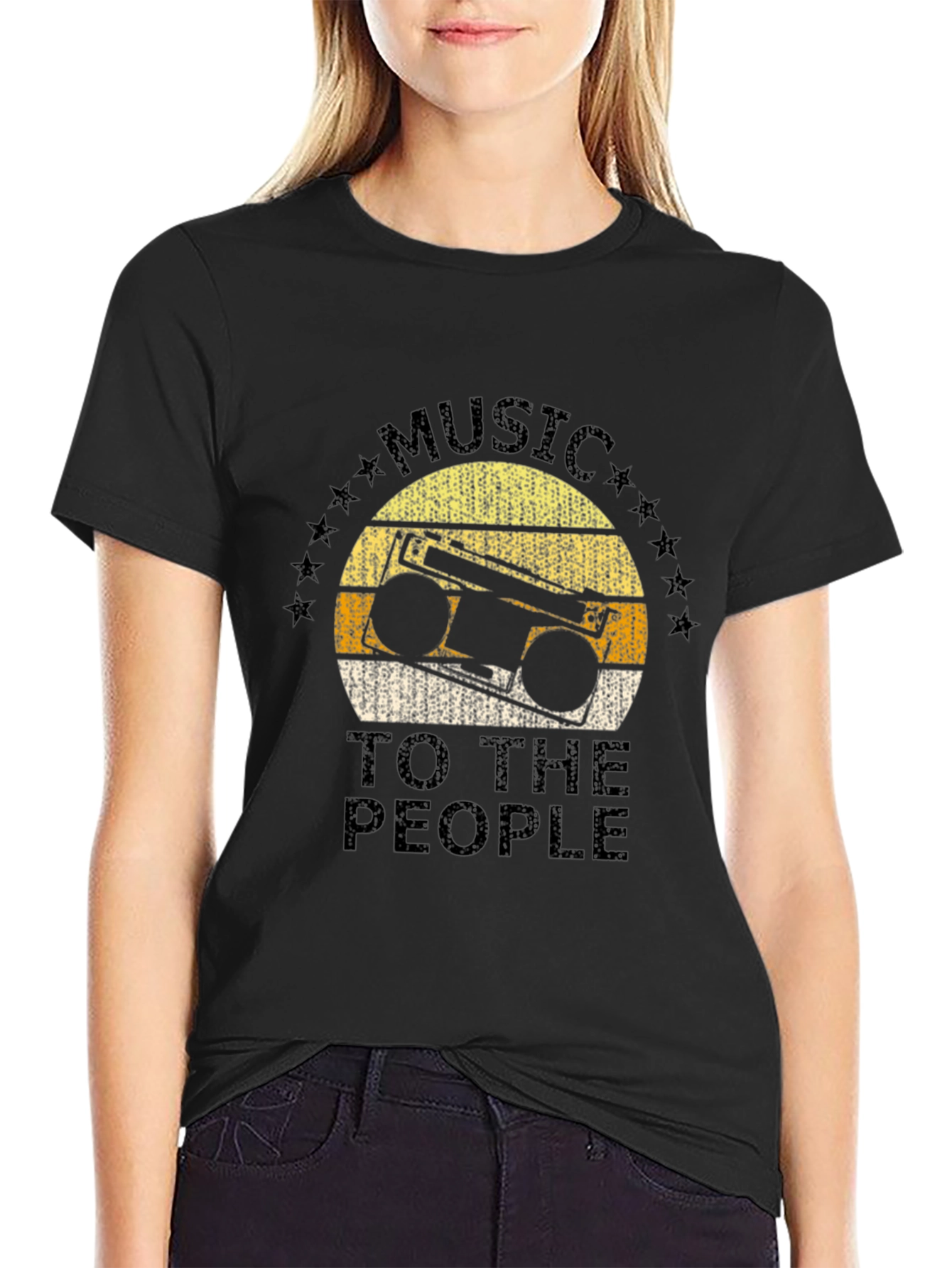 Black Retro Boombox Music to the People Black T-Shirt view 2