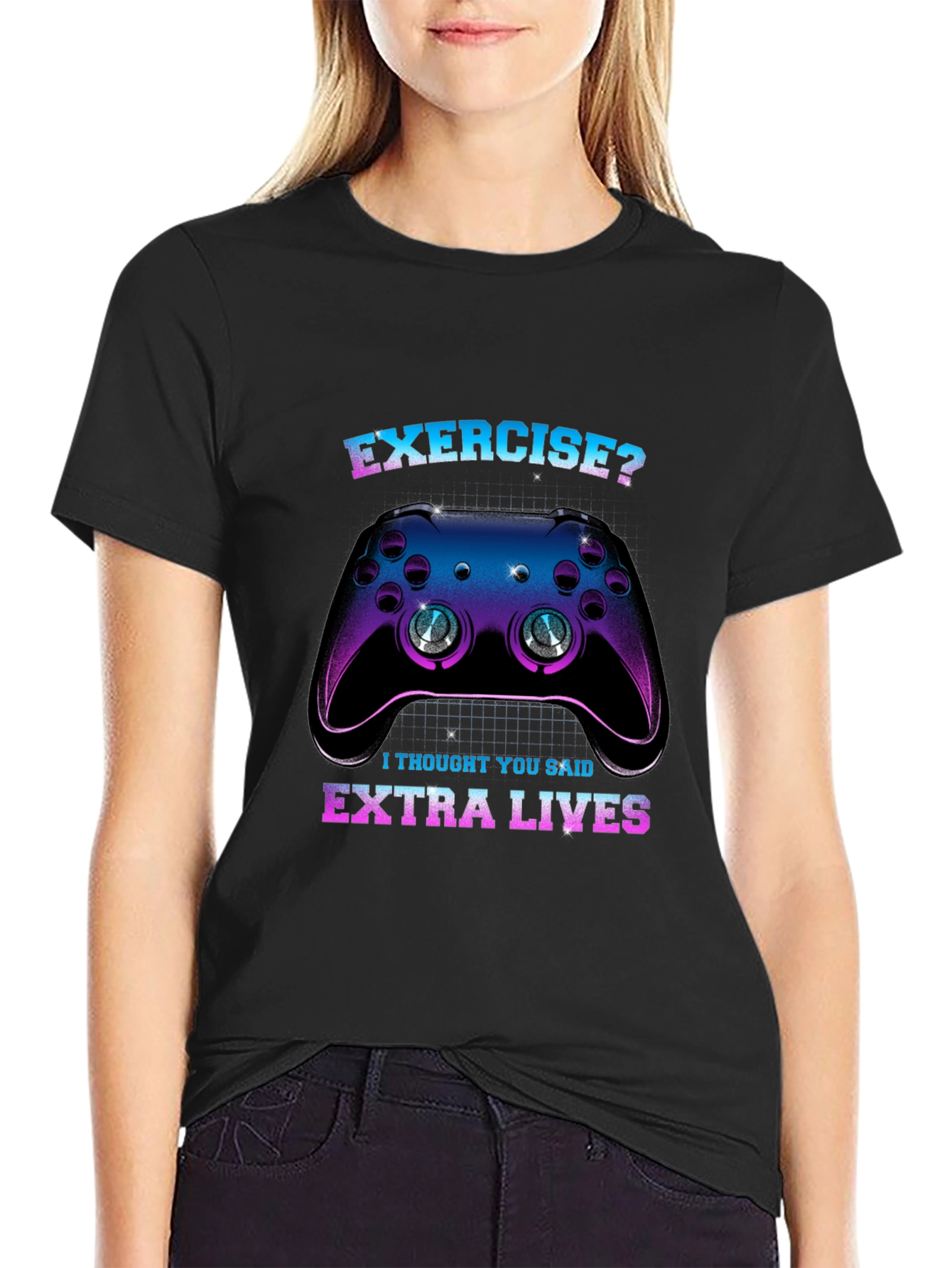 Black Funny Gamer T-Shirt: Exercise? Extra Lives! view 2