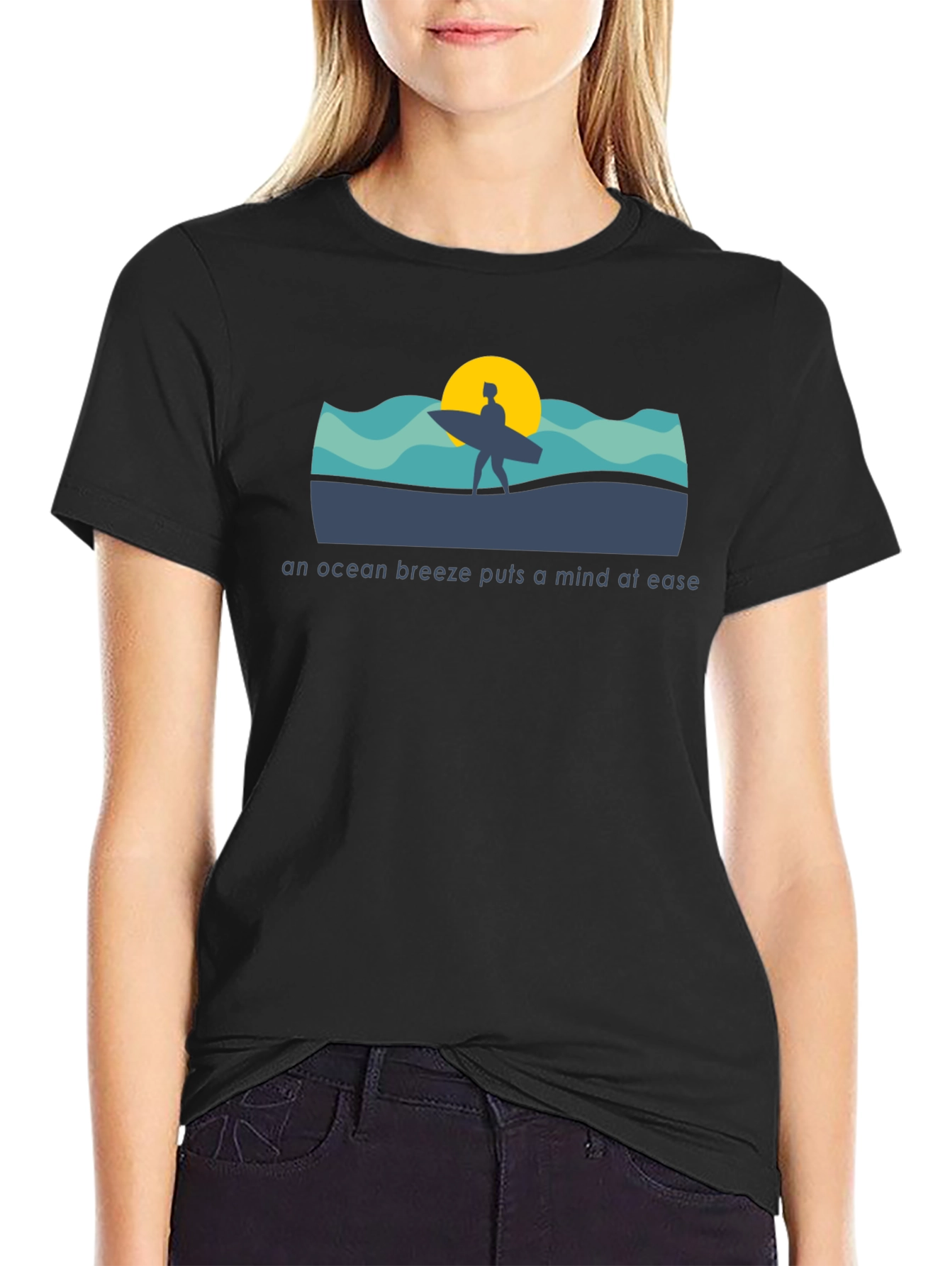 Black Ocean Breeze T-Shirt: Surfer Silhouette view 2