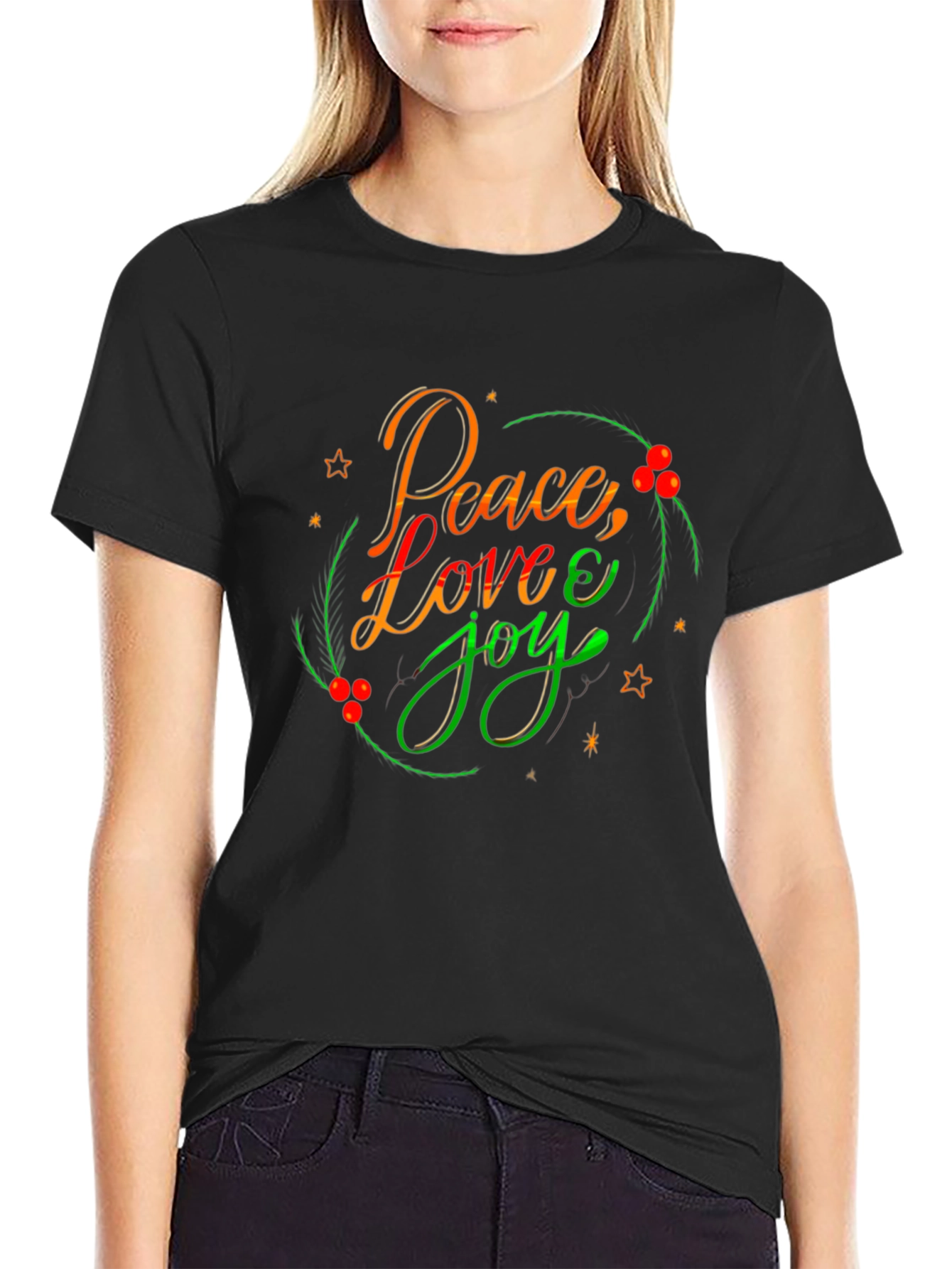 Black Peace Love Joy Holiday T-Shirt - Festive Design view 2