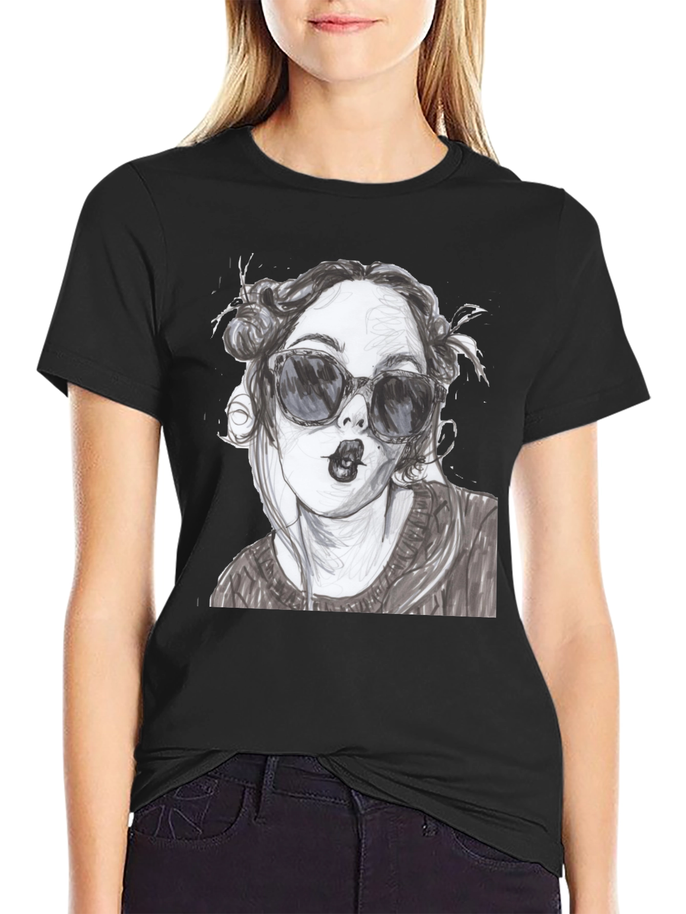 Black Woman Sketch Graphic Black T-Shirt view 2